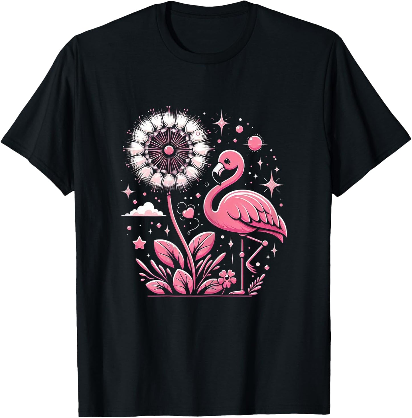 Flamingo And Dandelion Flowers Pink Bird T-Shirt - T-Shirt | Black