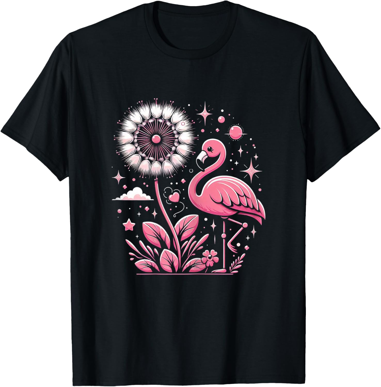 Flamingo And Dandelion Flowers Pink Bird T-Shirt - T-Shirt | Black