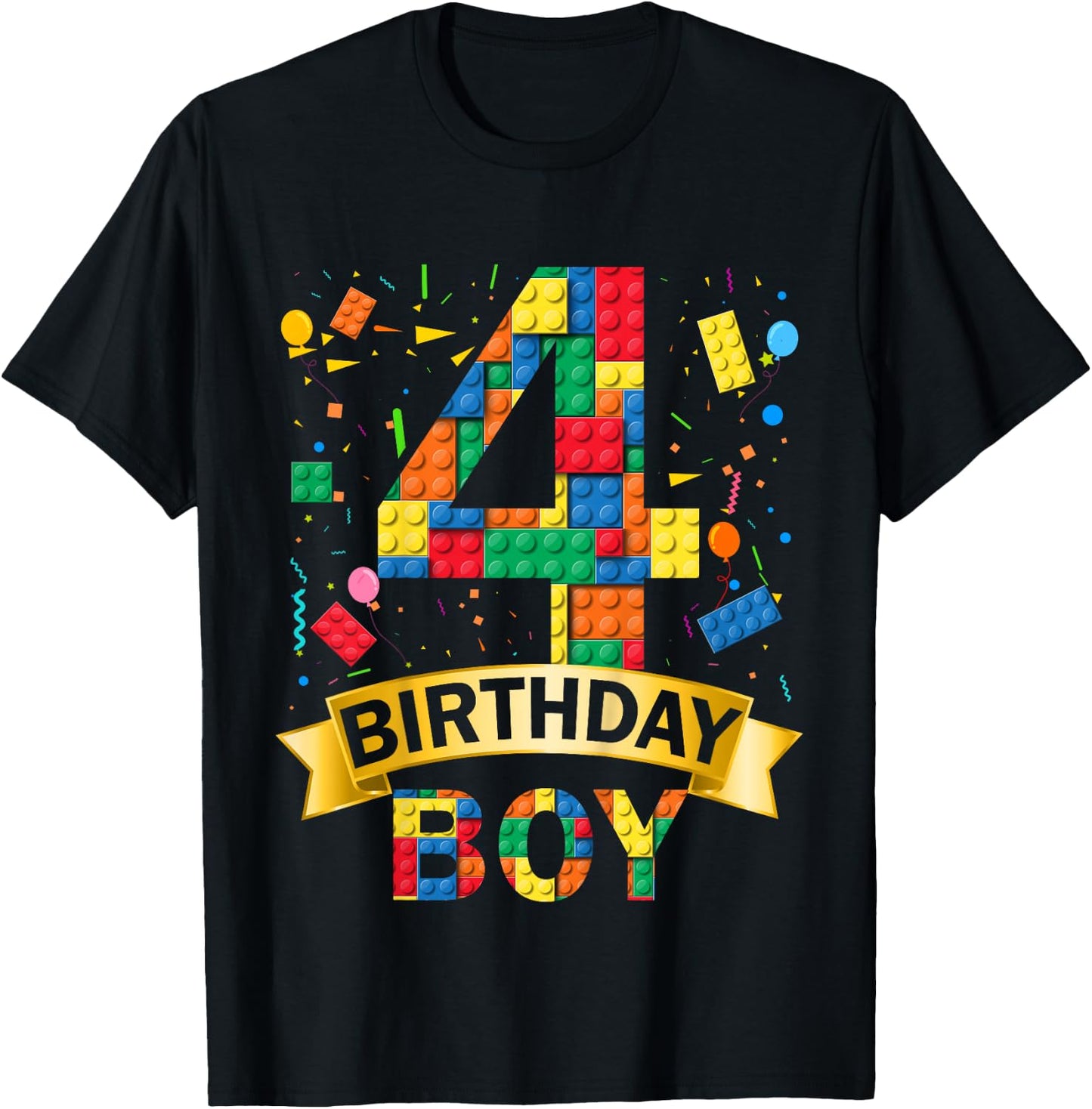 Kinder 4rd Birthday Boy 4 Year Old Building Blocks 4th Birthday Boy T-Shirt - T-Shirt | Black