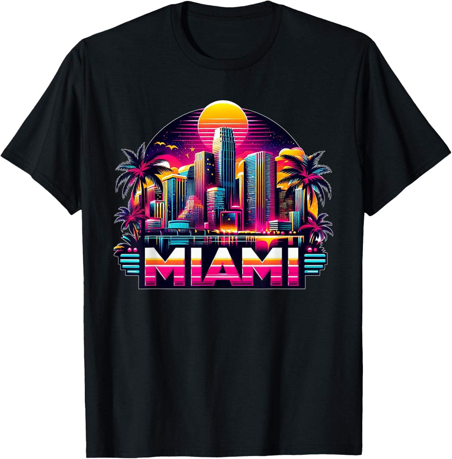 Miami City Men Florida Vibrant Colorful Souvenir Miami , Black, S T-Shirt - T-Shirt | Black