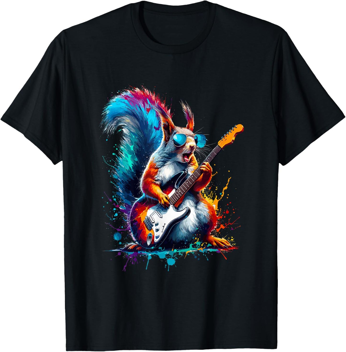 Colorful Splash Art Squirrel Guitarist Electric Guitar T-Shirt - T-Shirt | Black