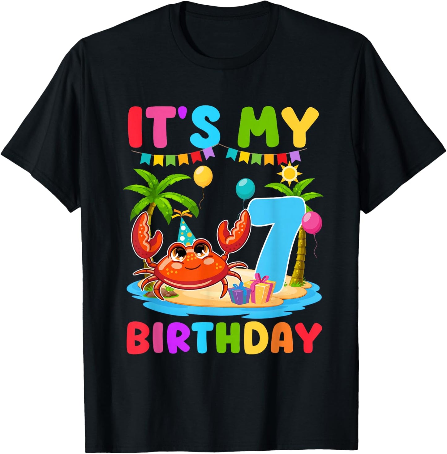 7th Birthday Crab Themed Summer Beach Party 7 Year Old T-Shirt - T-Shirt | Black