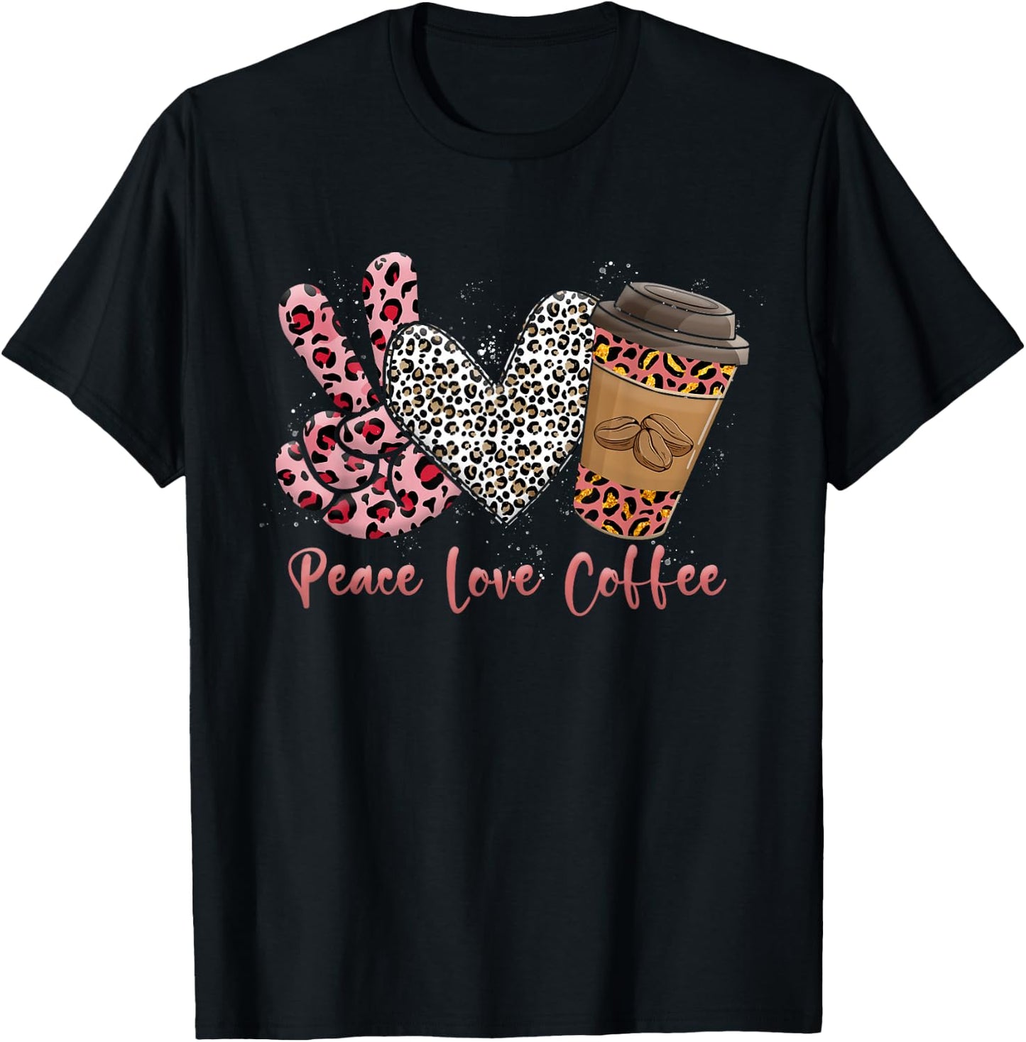 Leopard Peace Love Coffee Leopard-Print Heart Coffee Lovers T-Shirt - T-Shirt | Black