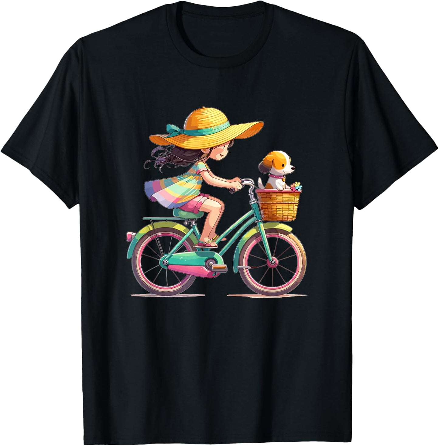 Girl on Bicycle with Little Dog in Bicycle Basket , black T-Shirt - T-Shirt | Black
