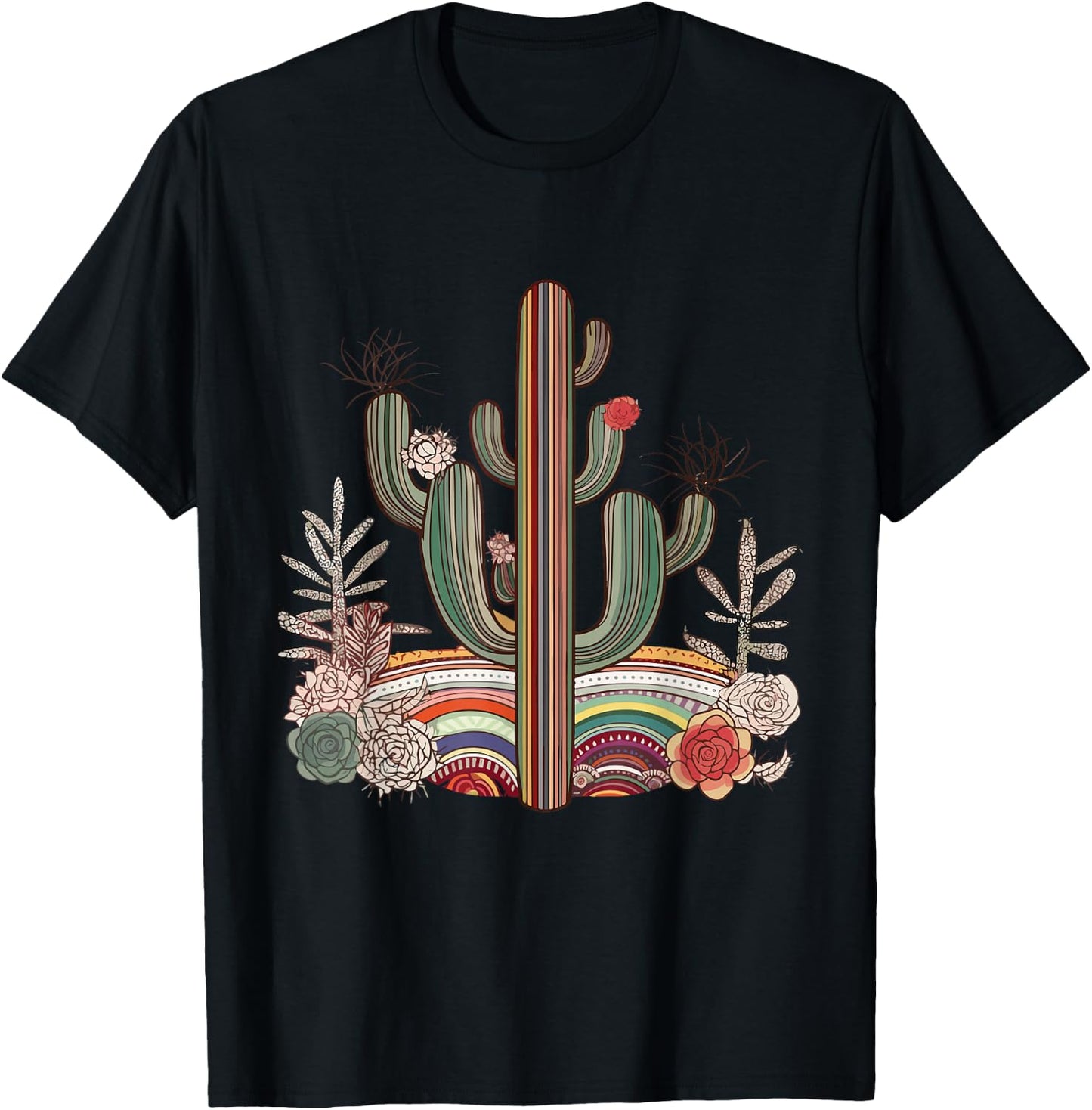 Serape Cactus Print Turquoise Western Saguaro Cactus T-Shirt - T-Shirt | Black