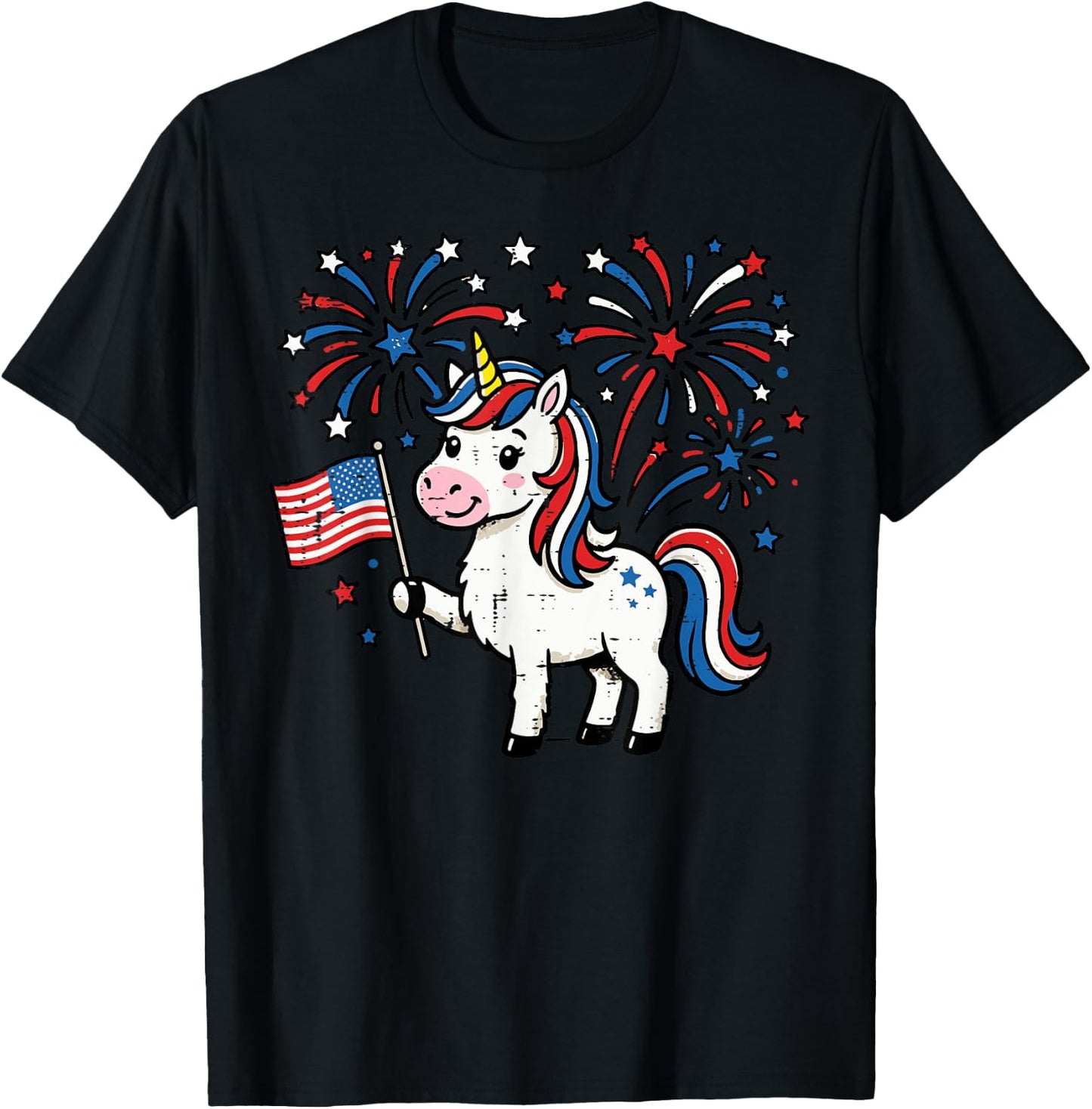 Patriotic Unicorn US Flag Fireworks 4th of July Girl Kids T-Shirt - T-Shirt | Black