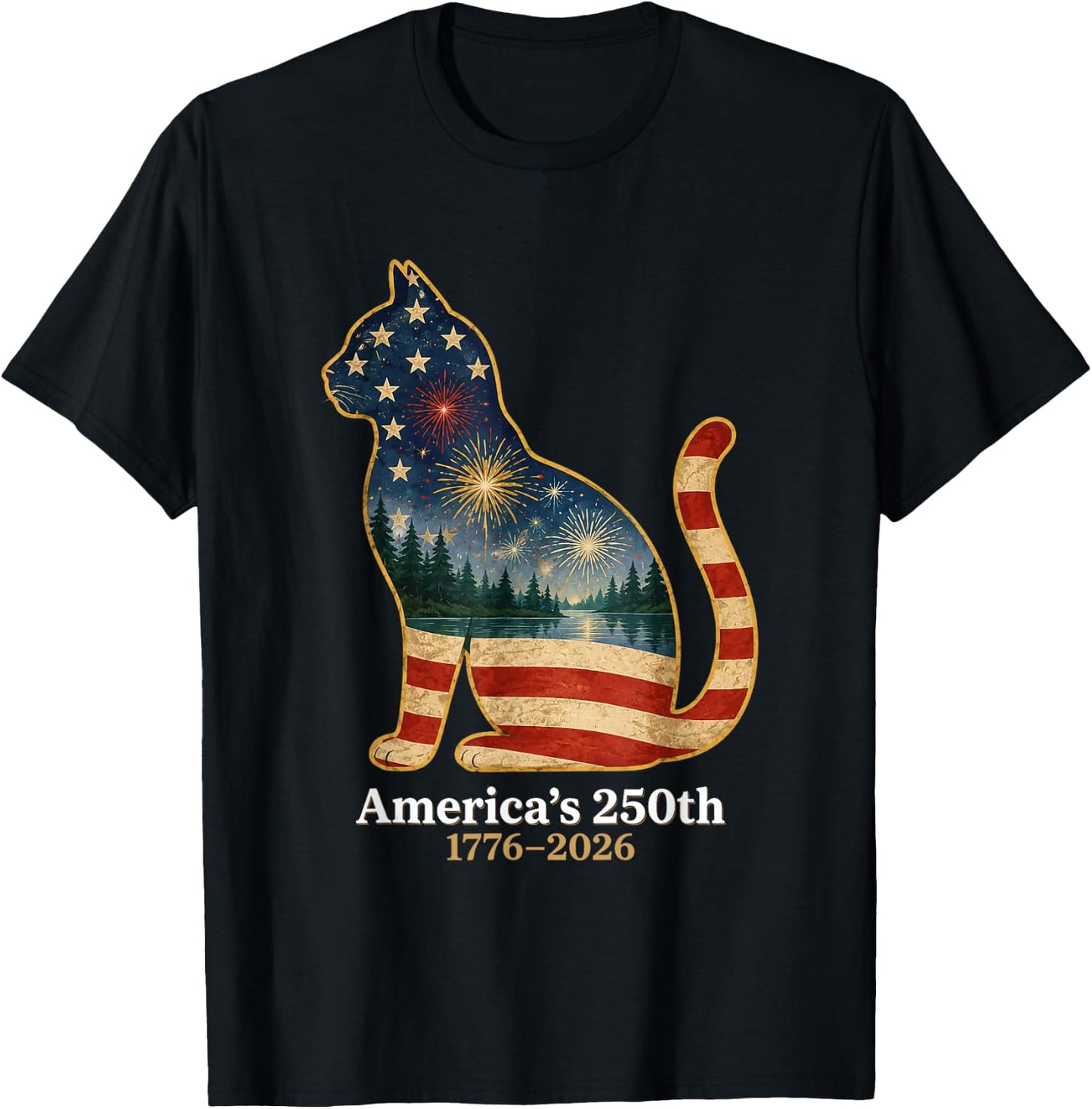 Patriotic Cat America's 250th Anniversary 1776 2026 T-Shirt - T-Shirt | Black