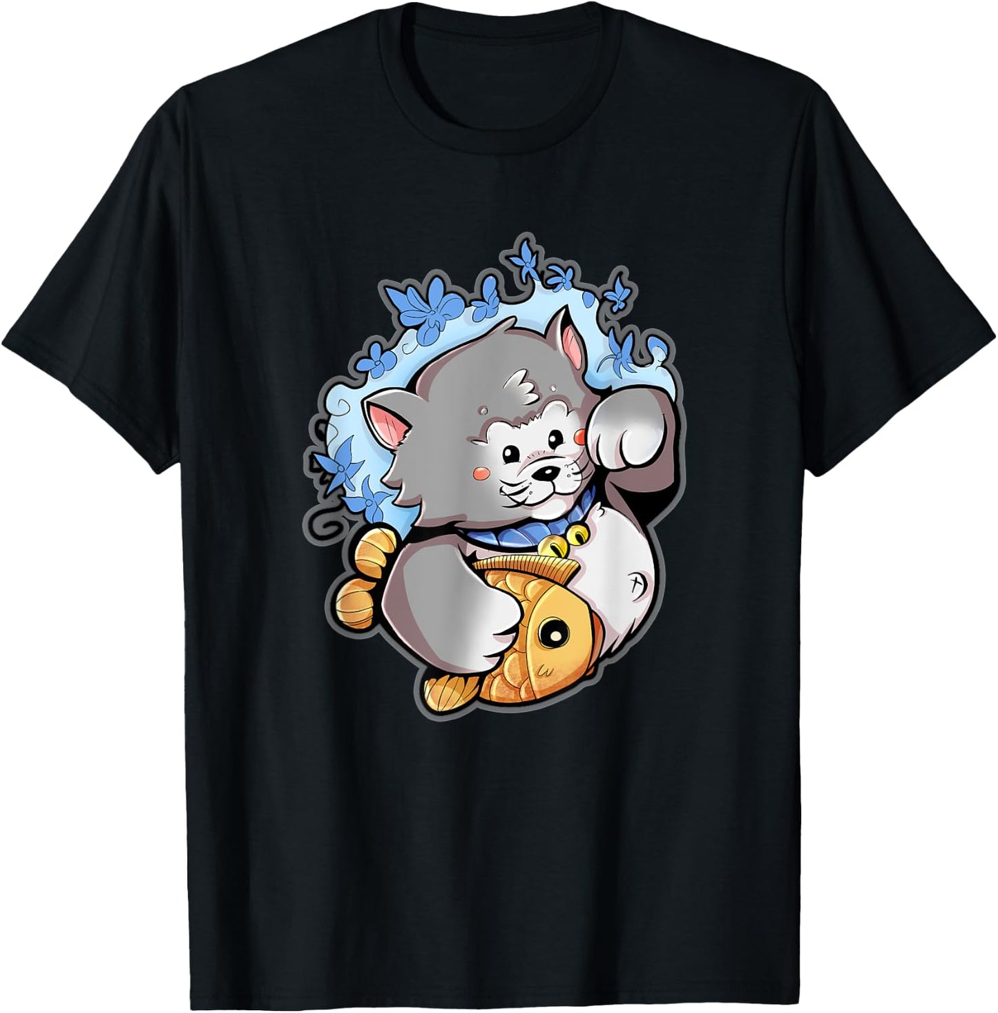 Lucky Gray Maneki-Neko Cat with a Taiyaki T-Shirt - T-Shirt | Black