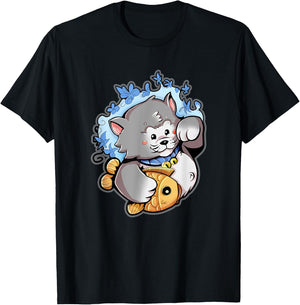 Lucky Gray Maneki-Neko Cat with a Taiyaki T-Shirt - T-Shirt | Black