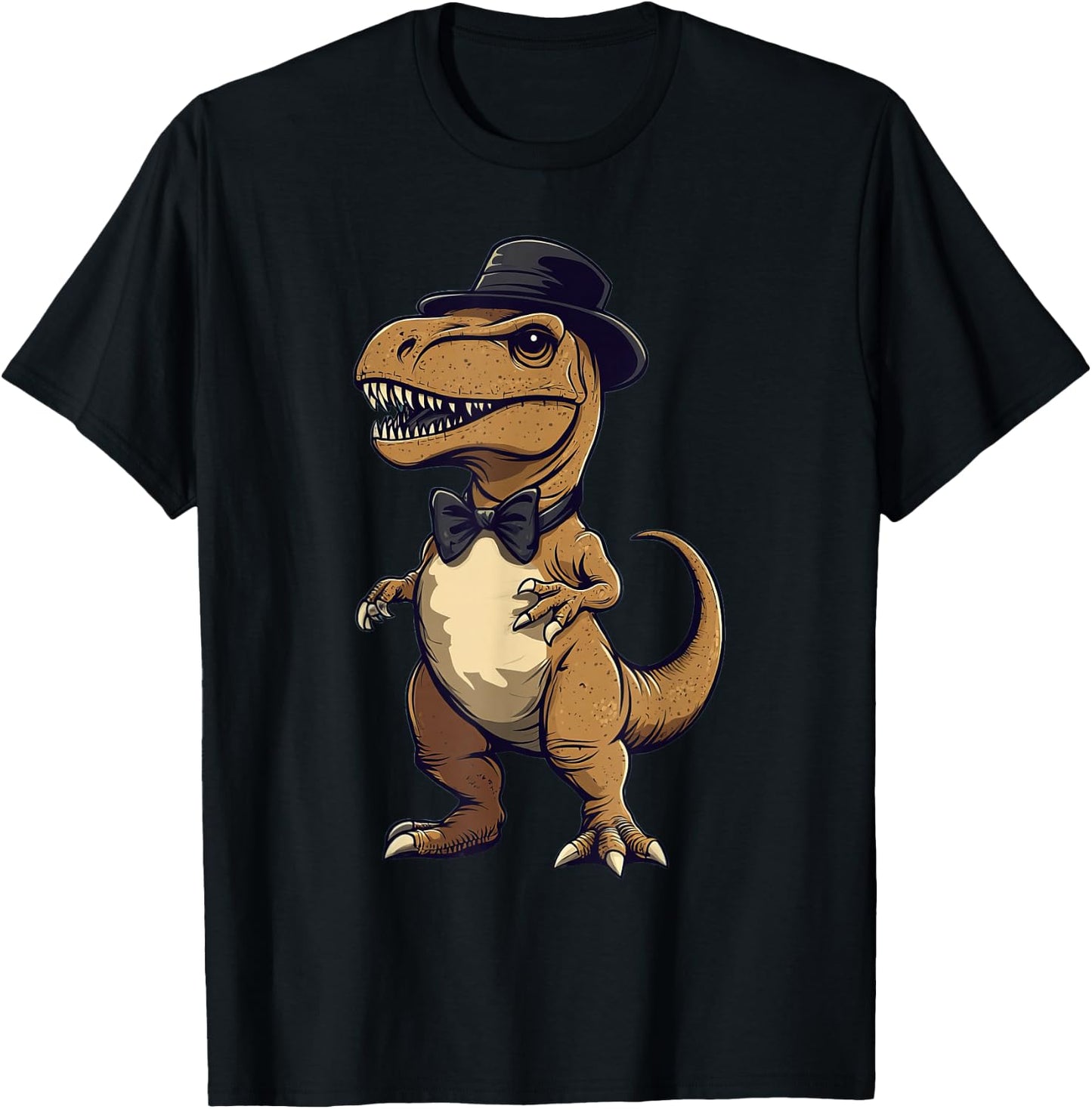T-Rex Dinosaur Wearing A Hat And Bowtie T-Shirt - T-Shirt | Black