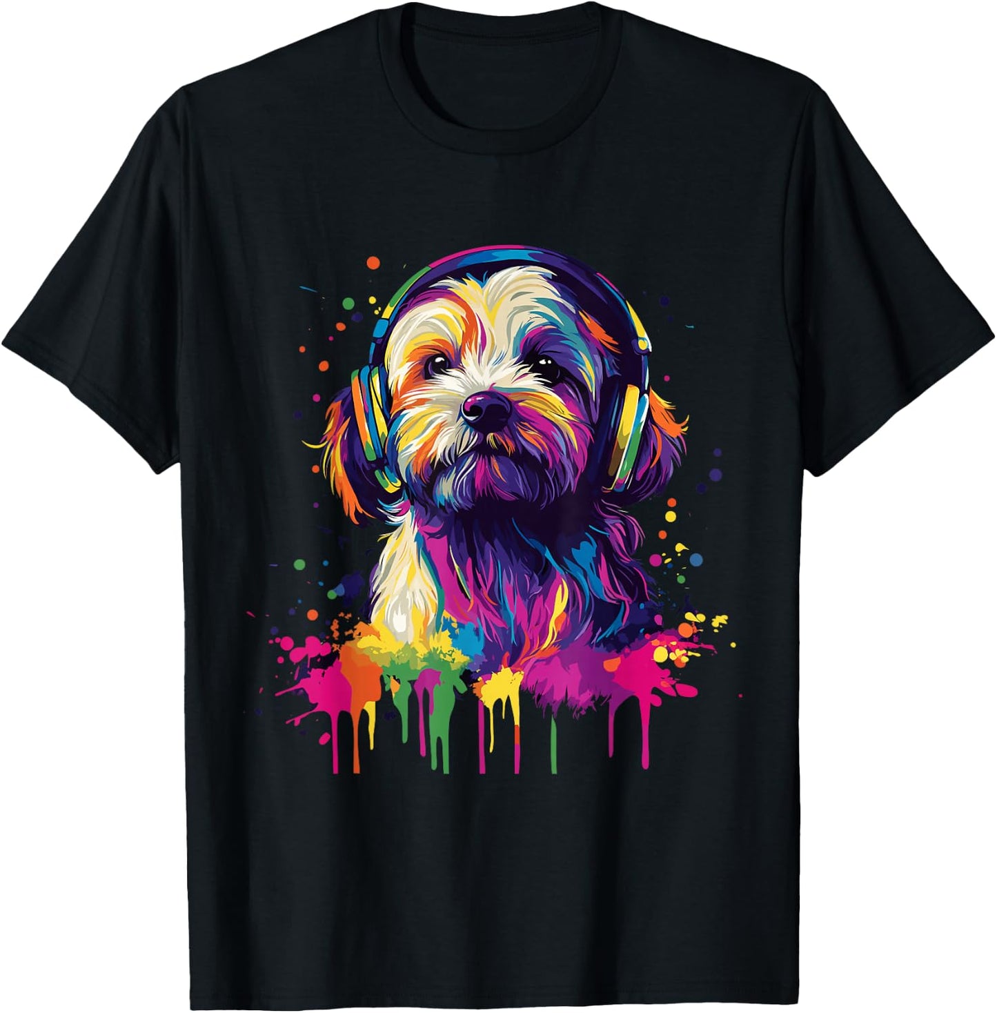 Havanese Lover Pop Art Wearing Headphones Funny Havanese , black T-Shirt - T-Shirt | Black