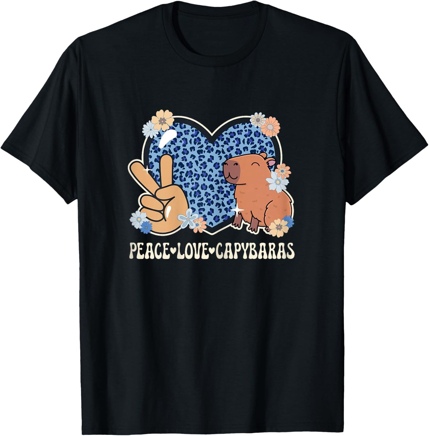 Peace Love Capybaras Leopard Print Women Cute Capybara Lover T-Shirt - T-Shirt | Black