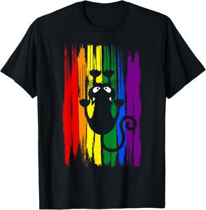 Clawing Black Cat on Rainbow Funny LGBTQ+ Pride T-Shirt - T-Shirt | Black