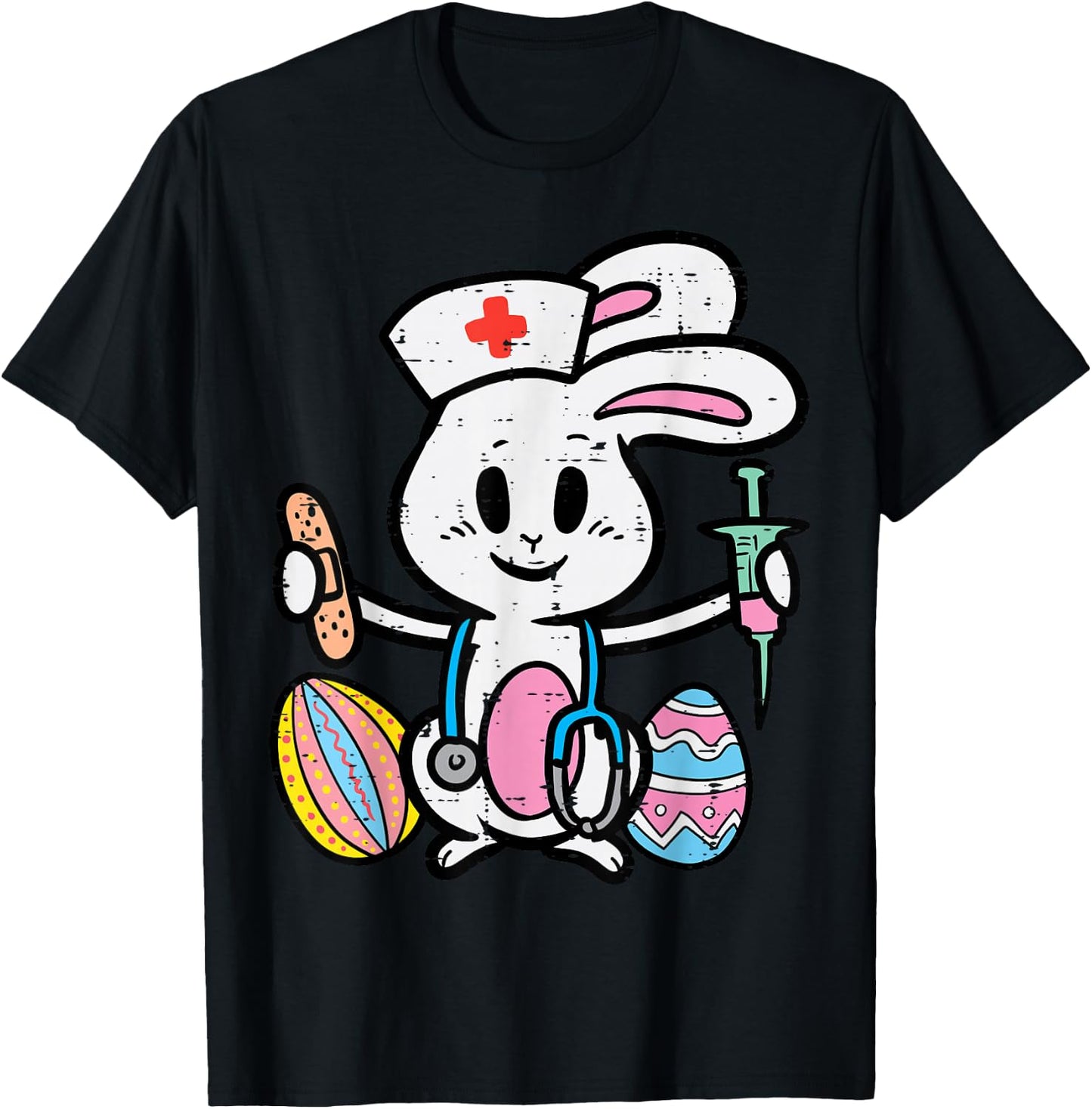 Easter Bunny Nurse Stethoscope Cute Rabbit Scrub Top Women T-Shirt - T-Shirt | Black