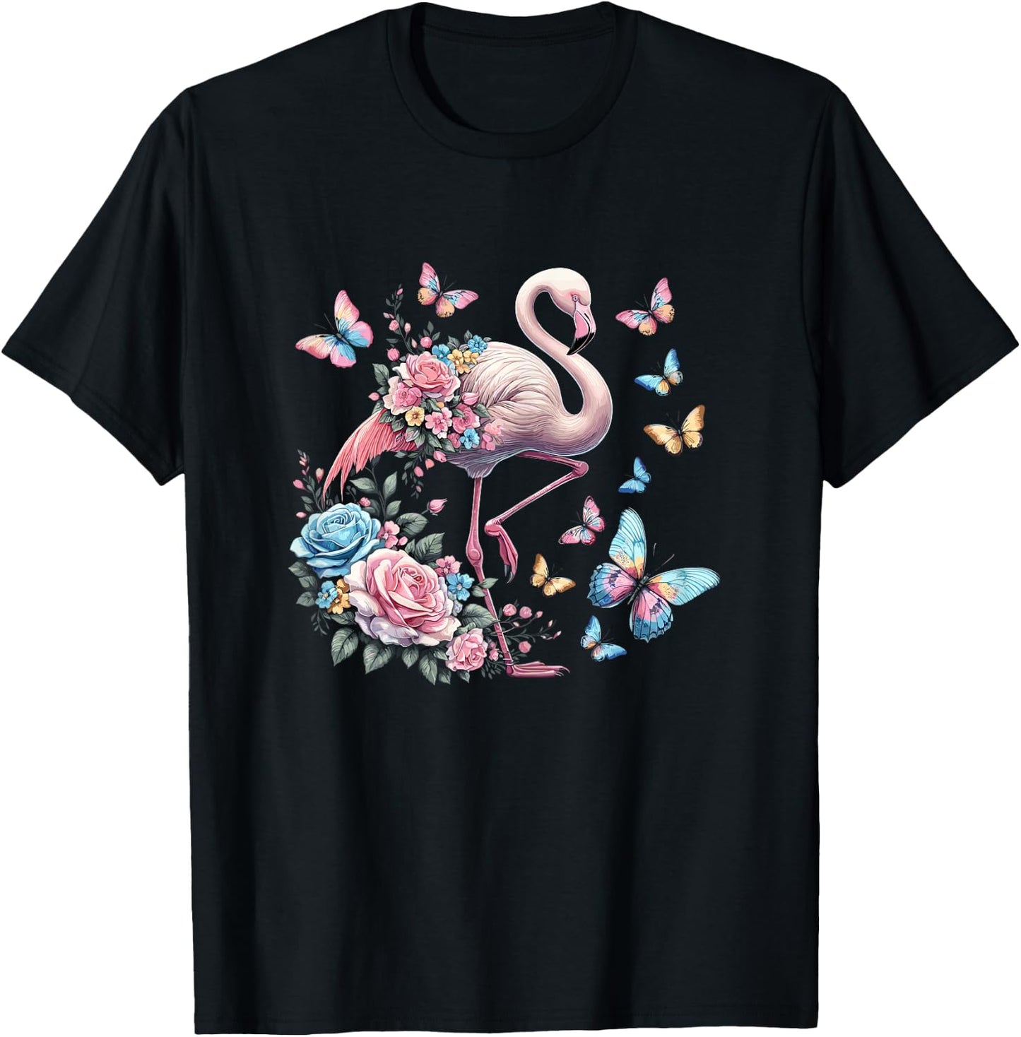 Cute Pink Flamingo Flowers T-Shirt - T-Shirt | Black