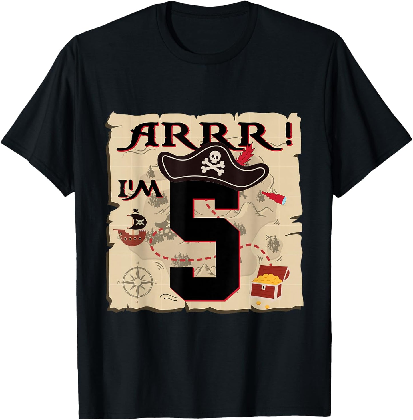 Arrr I'M 5 ARR Pirates Treasure Map 5th Birthday Pirate T-Shirt - T-Shirt | Black