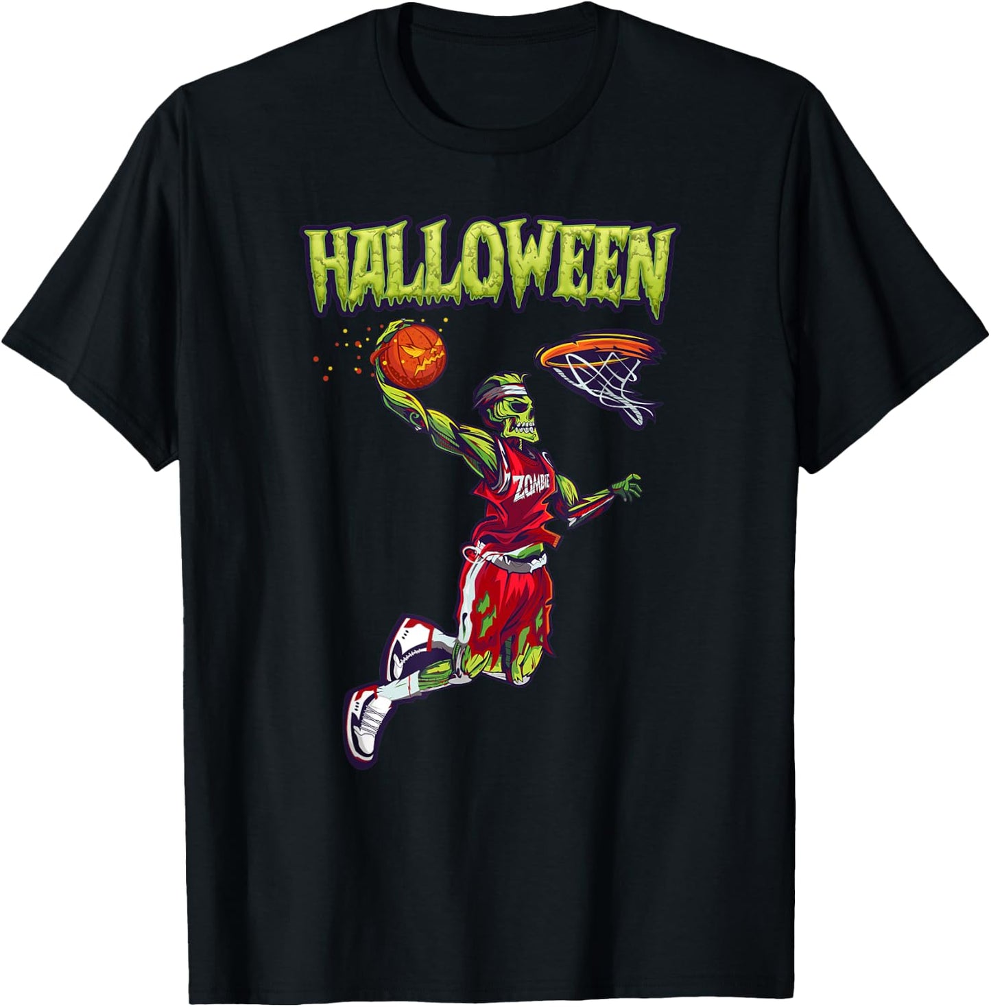 Jump Zombie Basketball Dunk Player Halloween Pumpkin Ball T-Shirt - T-Shirt | Black
