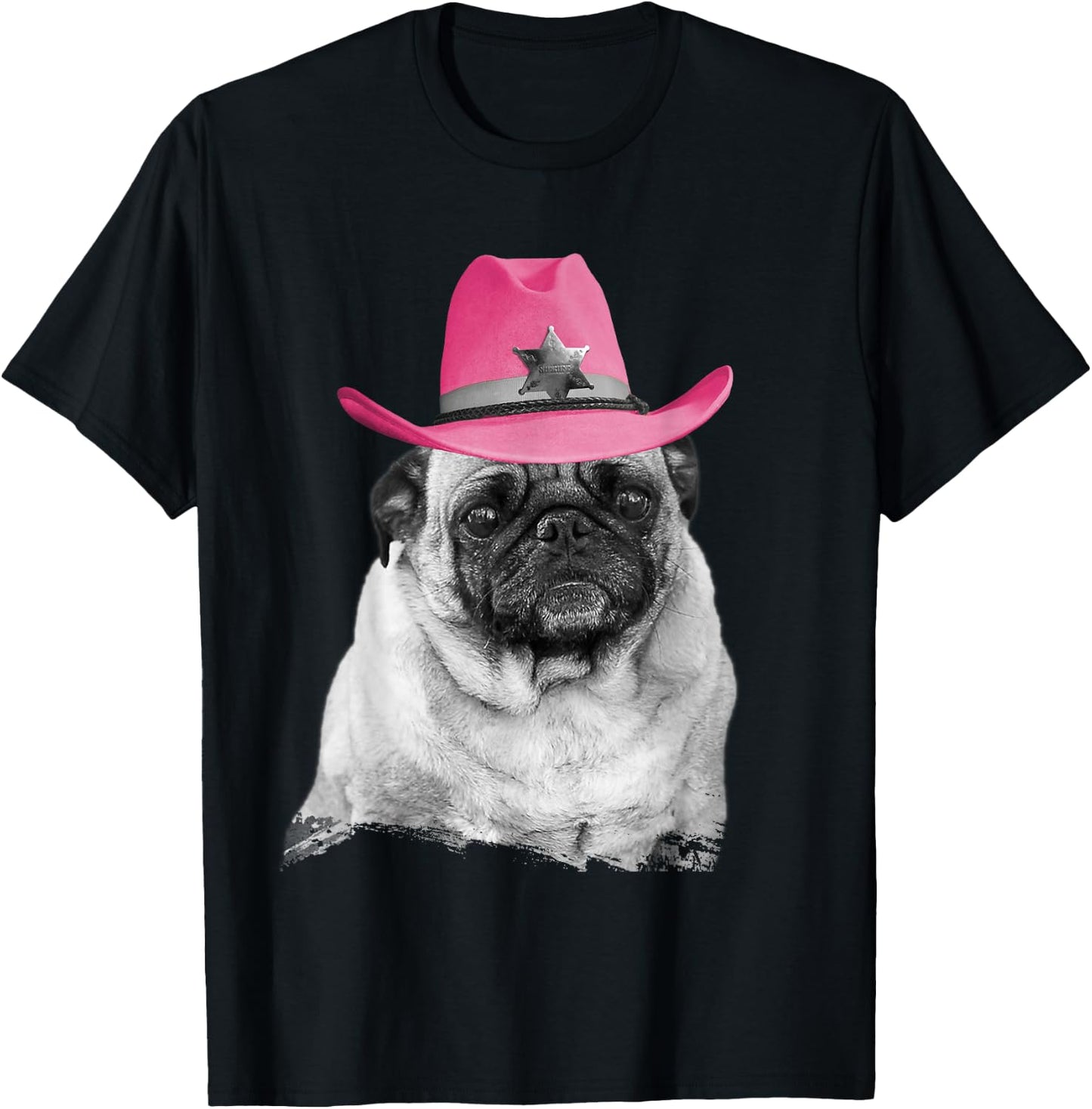 Dog Pug Wearing Pink Cowboy Hat Cowgirl T-Shirt - T-Shirt | Black