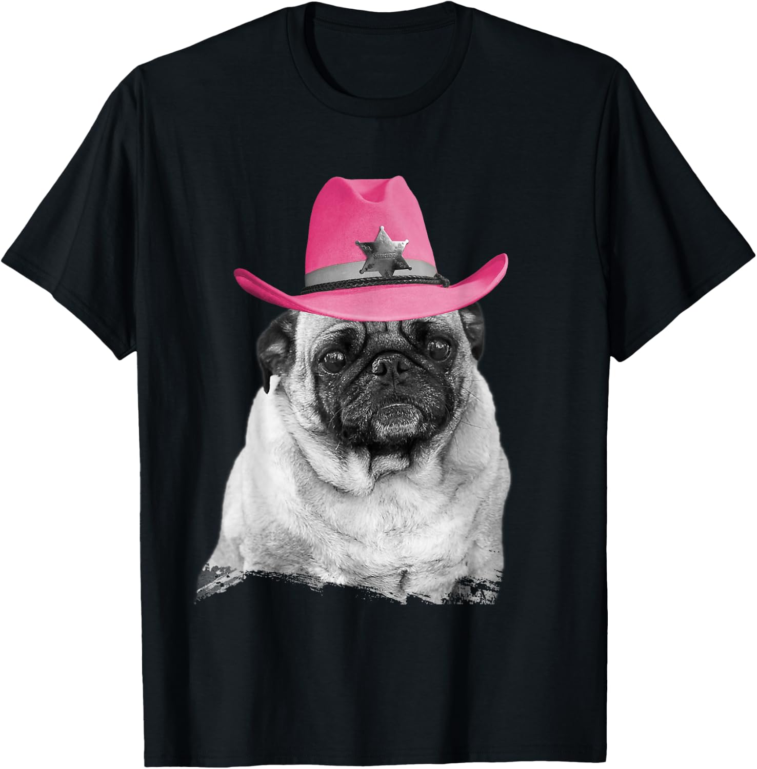Dog Pug Wearing Pink Cowboy Hat Cowgirl T-Shirt - T-Shirt | Black