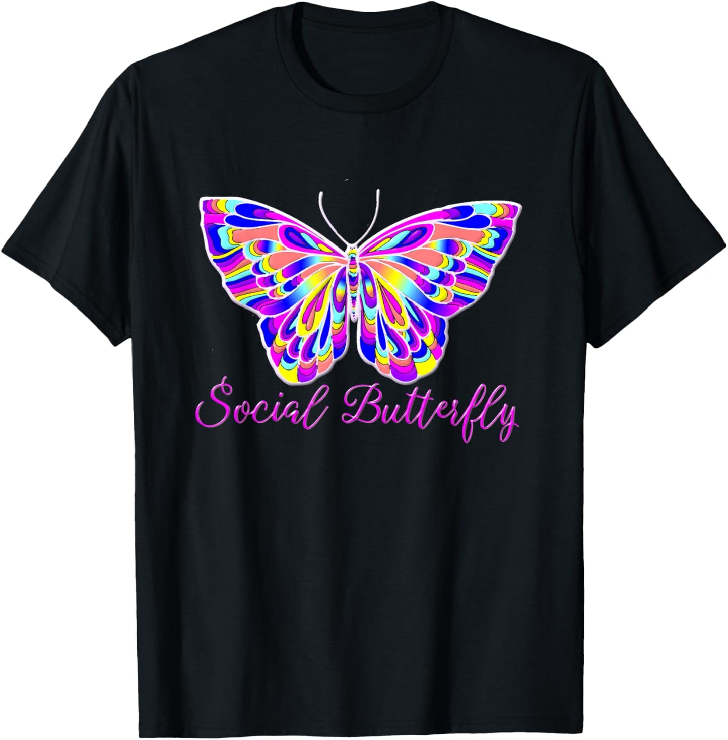 Social Butterfly - Elegant Pink Butterfly T-Shirt - T-Shirt | Black