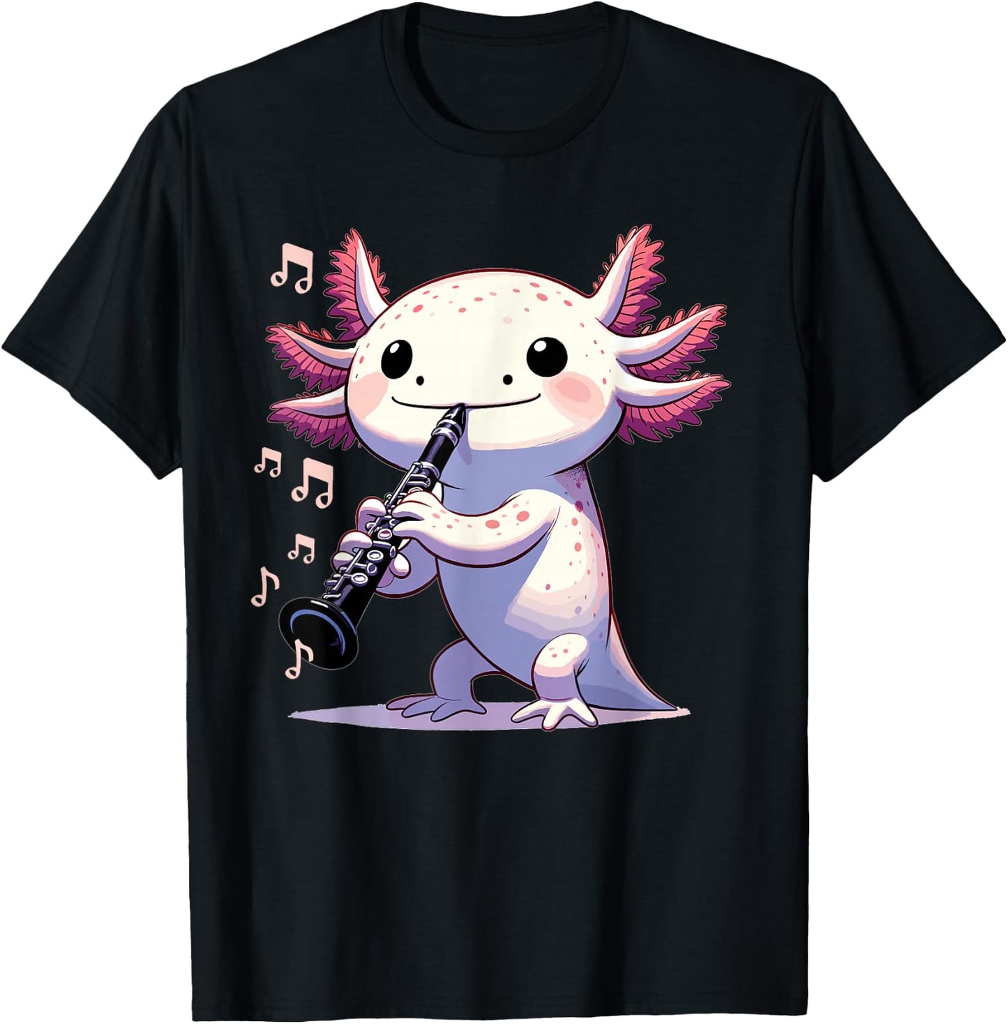 Cute Pink Kawaii Axolotl Playing Clarinet T-Shirt - T-Shirt | Black