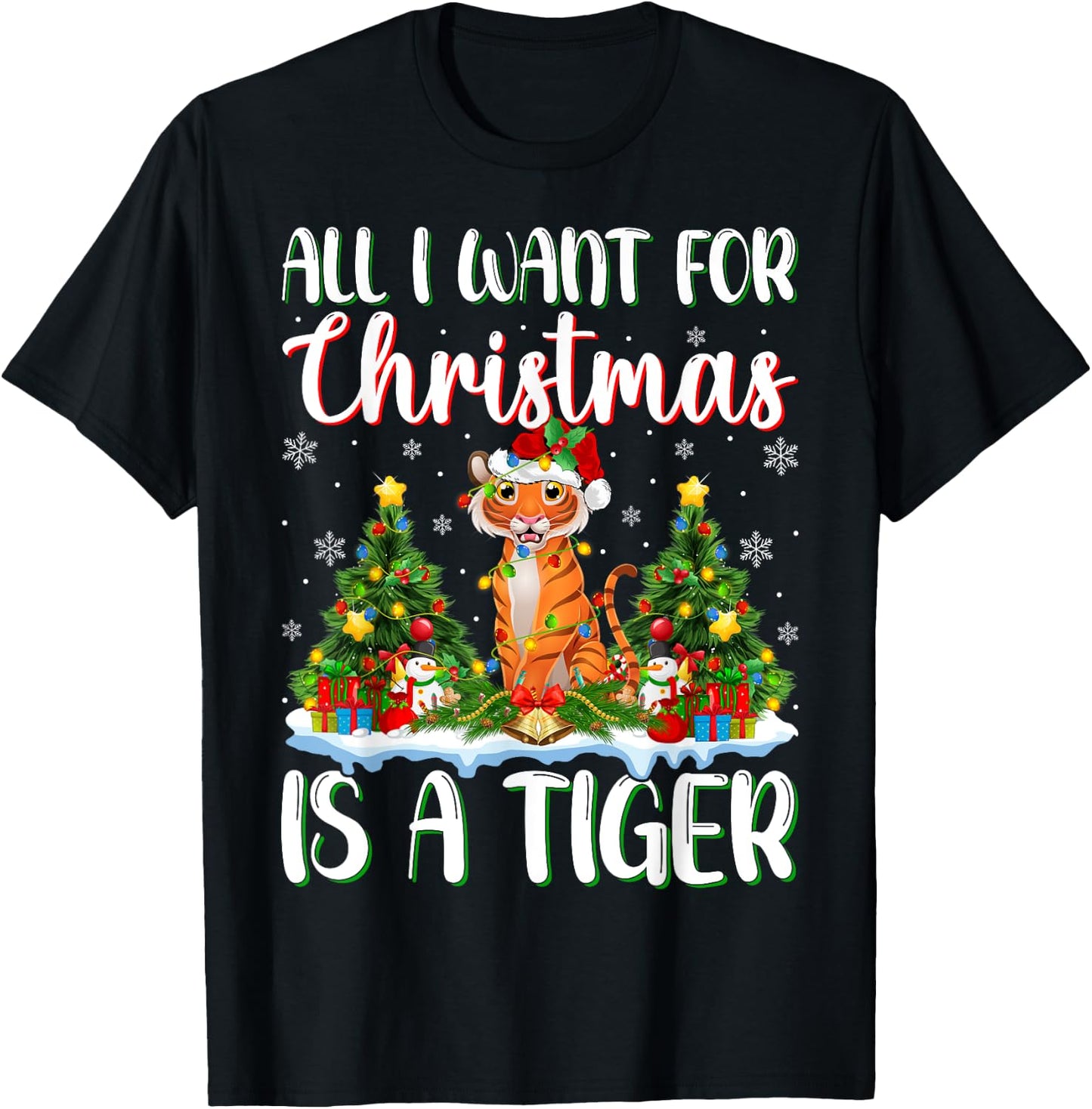 I Want For Christmas Is A Tiger Xmas Tree Lights T-Shirt - T-Shirt | Black