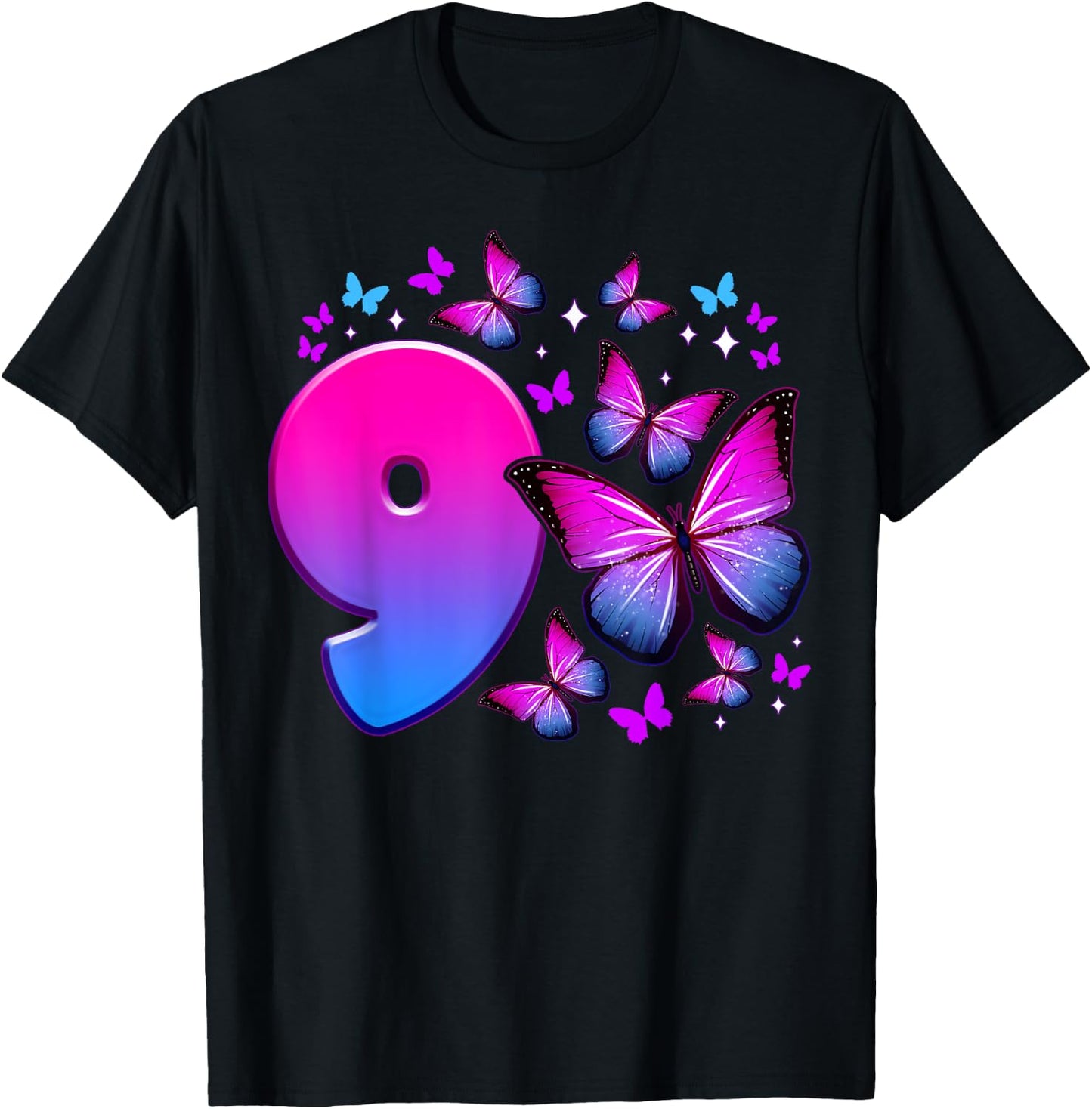 Birthday Girl 9 Years Old Butterfly Number 9 , black T-Shirt - T-Shirt | Black