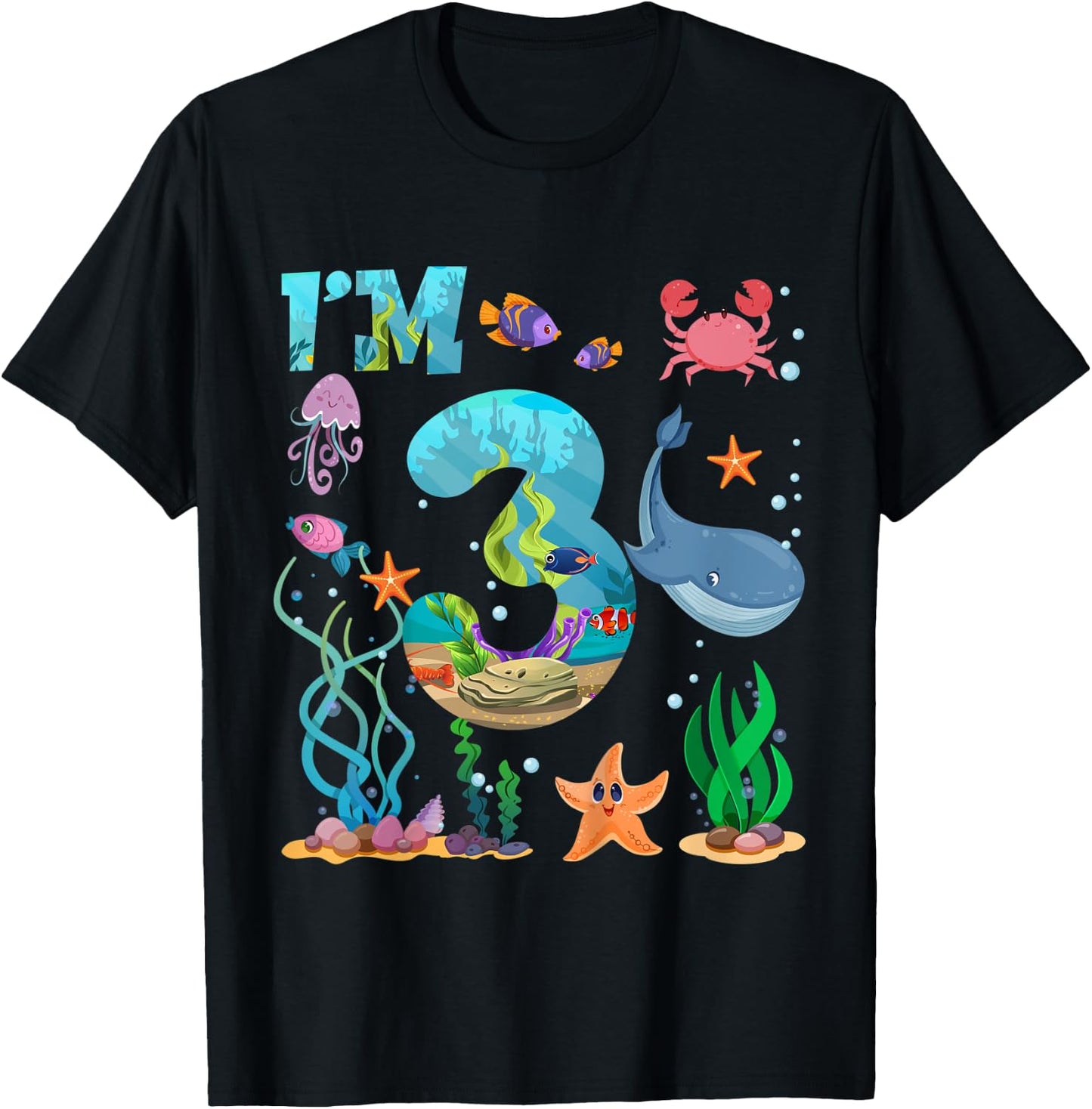 Kids 3 Year Old Boy Girl Sea Animals I'm Three 3rd Birthday Kids T-Shirt - T-Shirt | Black