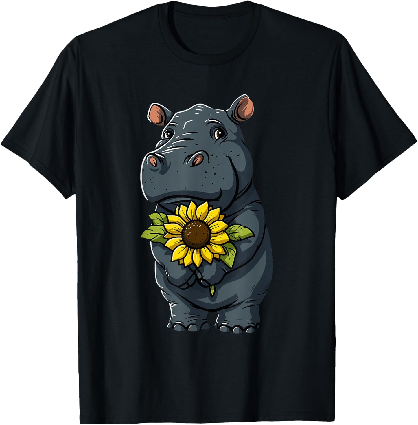 Hippo Holding Sunflower Cute Hippopotamus Mothers Day T-Shirt - T-Shirt | Black