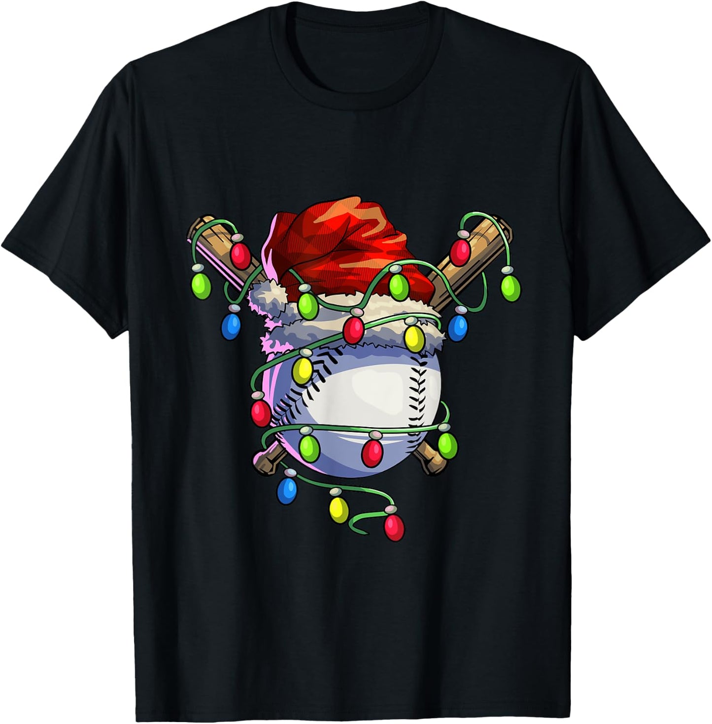 Christmas Baseball Xmas Christmas Lights Baseball Player T-Shirt - T-Shirt | Black