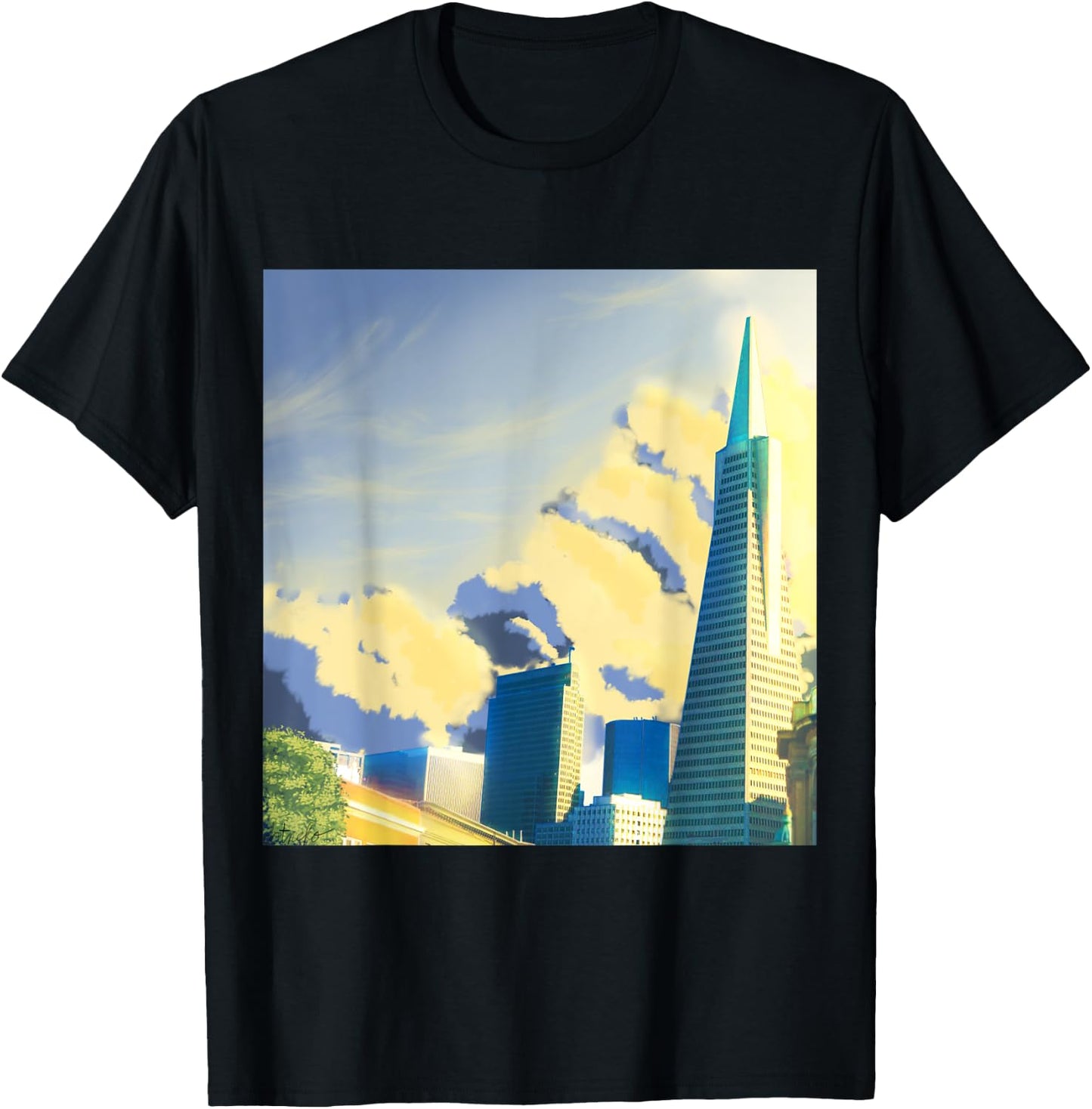 SF Transamerica Pyramid Scenery - Relaxing Anime Sunset T-Shirt - T-Shirt | Black