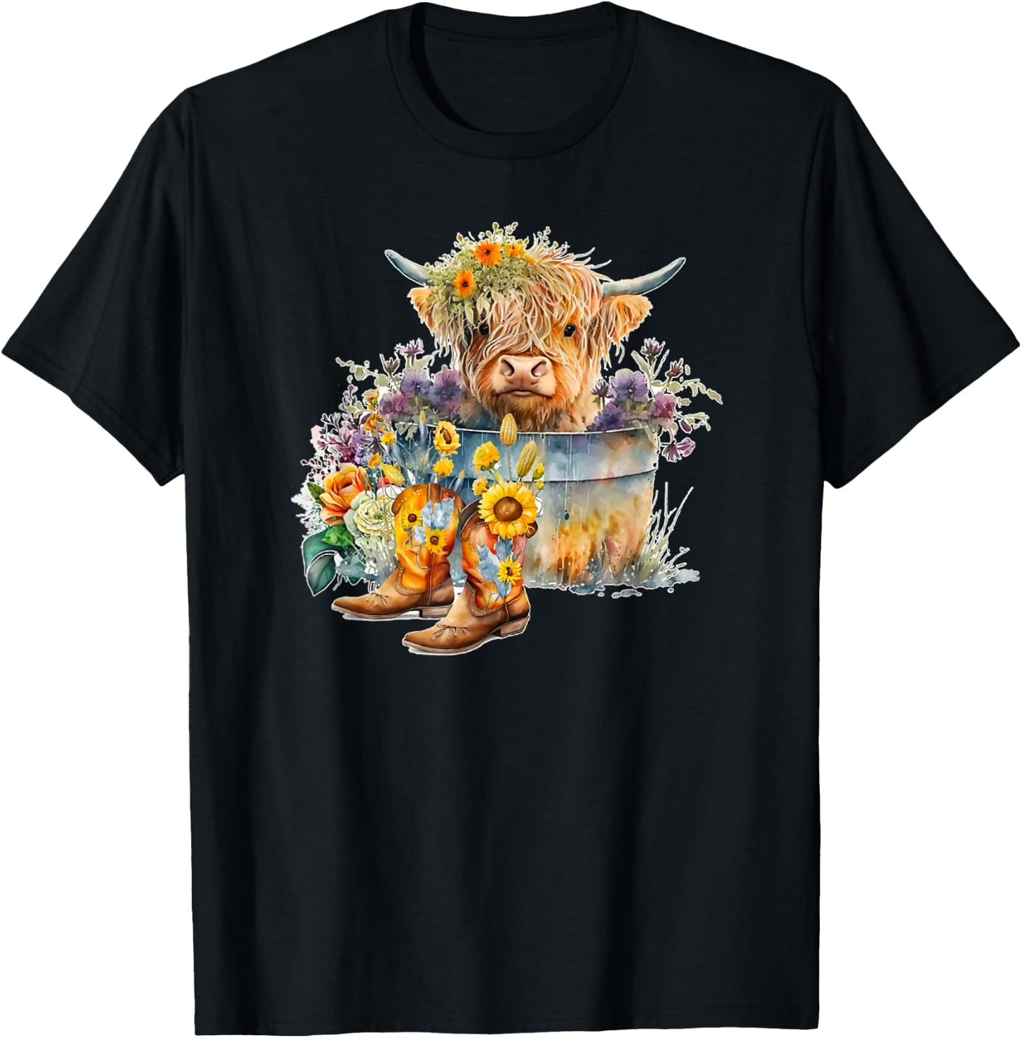 Scottish Highland Cow Cattle Farm Hairy Cowgirl Flower Woman T-Shirt - T-Shirt | Black