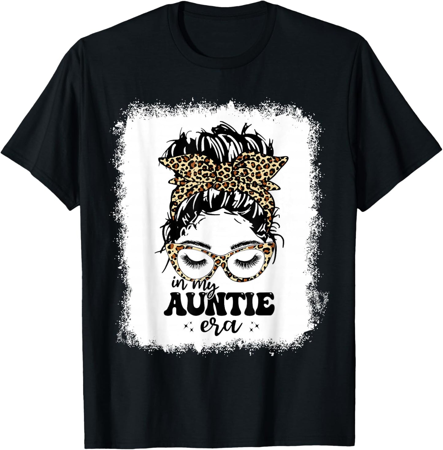 Leopard Messy Bun In My Auntie Era Bleached T-Shirt - T-Shirt | Black