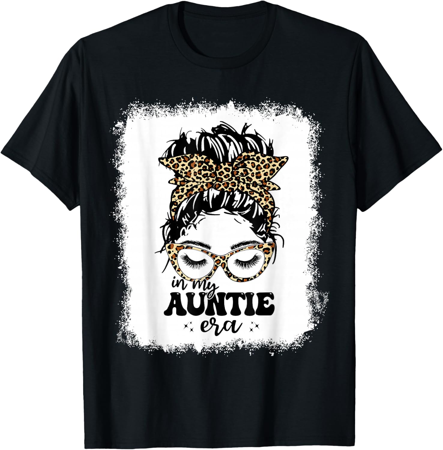 Leopard Messy Bun In My Auntie Era Bleached T-Shirt - T-Shirt | Black