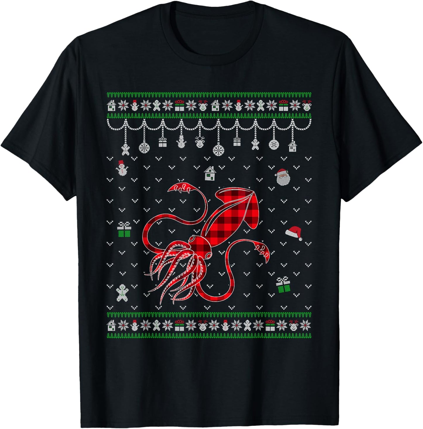 Red Plaid Squid Lover Funny Ugly Christmas Sweater T-Shirt - T-Shirt | Black