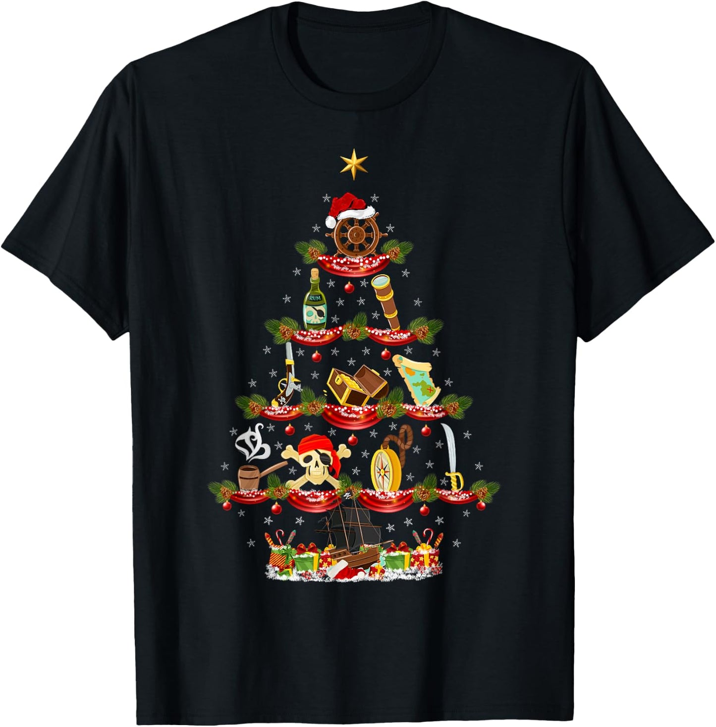 Funny Pirate Xmas Lighting Pirate Christmas Tree T-Shirt - T-Shirt | Black