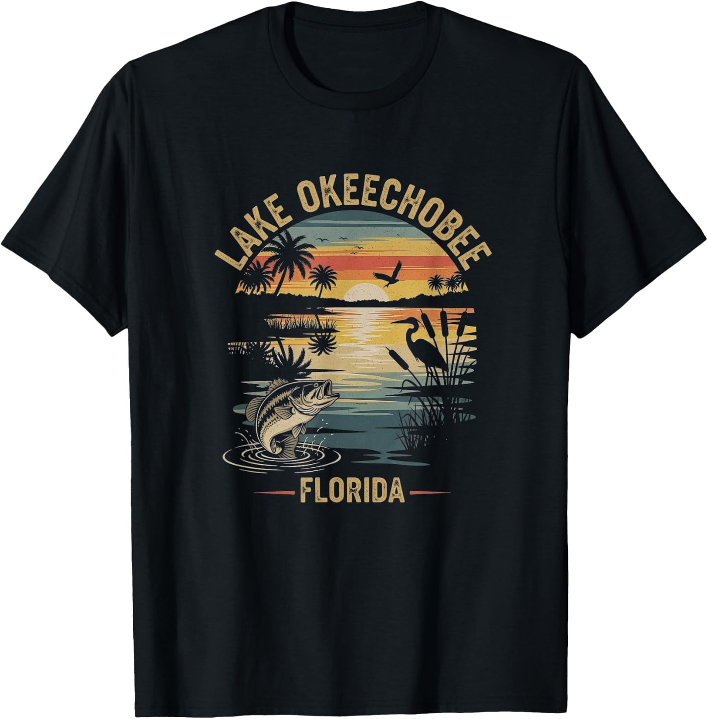 Retro Lake Okeechobee Florida Drawing Art Design T-Shirt - T-Shirt | Black