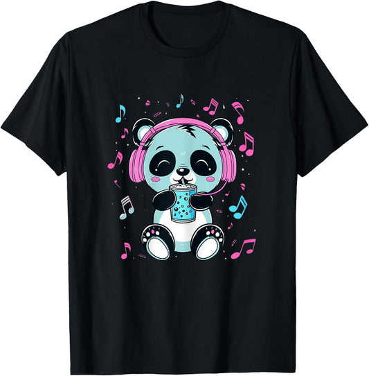 Panda Boba Tea Music K-Pop Cute Kawaii Children and Girls T-Shirt - T-Shirt | Black