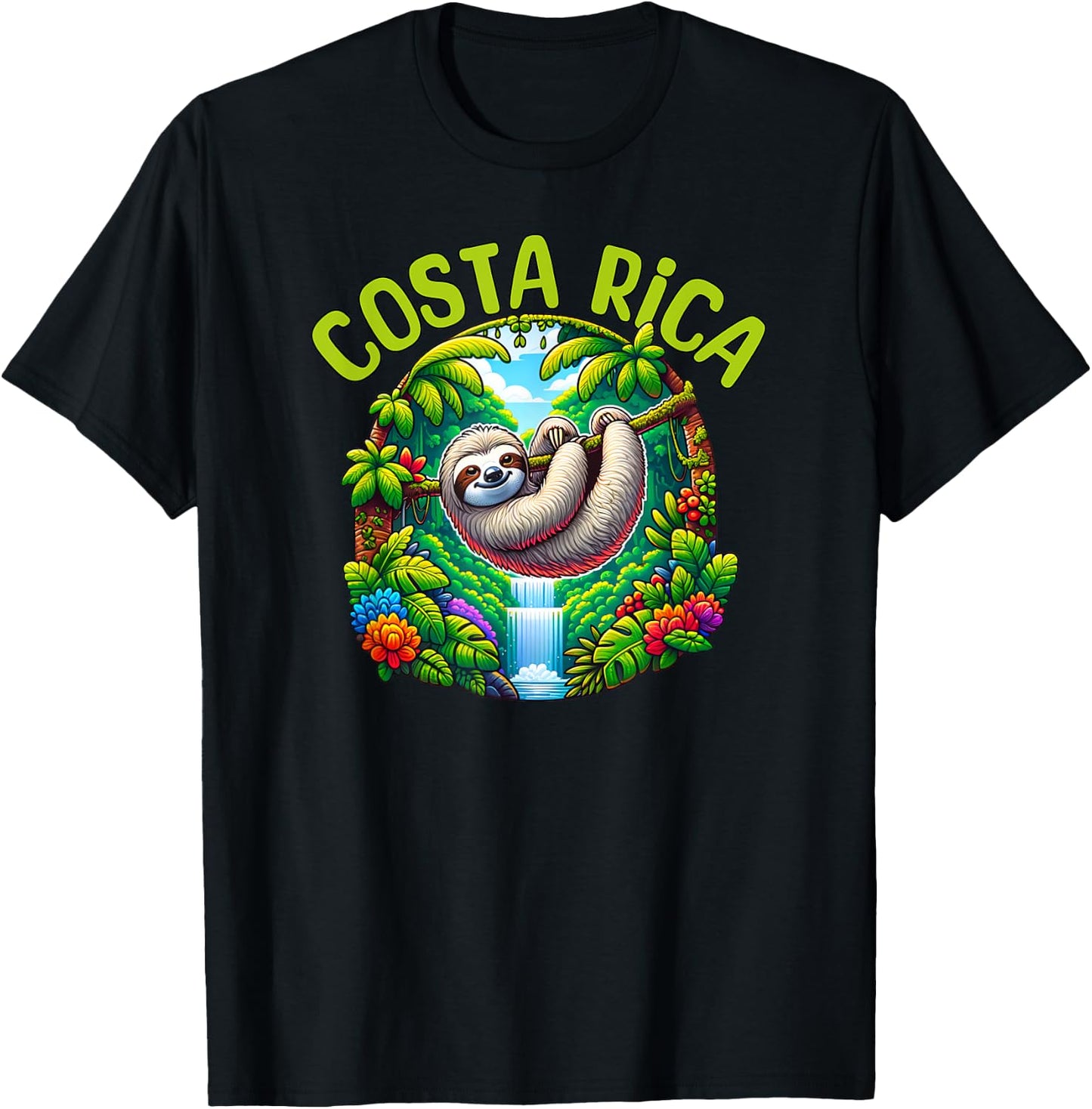 Costa Rica Sloth - Tropical Rainforest Waterfall Travel Fun T-Shirt - T-Shirt | Black