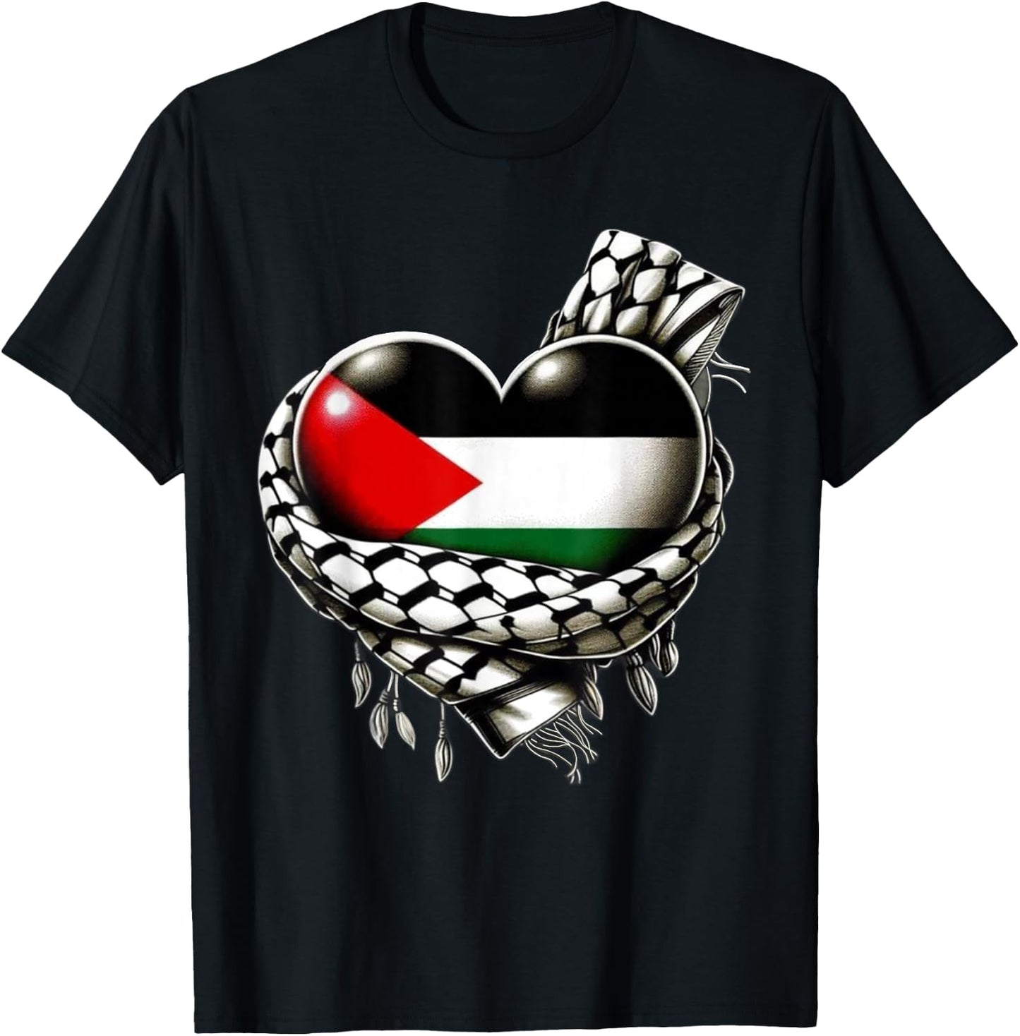 Palestinian Flag Heart Shaped Keffiyeh Palestine T-Shirt - T-Shirt | Black