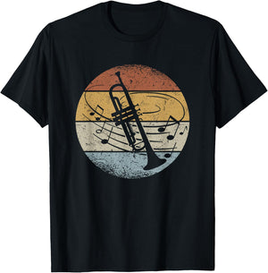 Trumpet Player Orchestra Musician Notes Retro Trumpet , black T-Shirt - T-Shirt | Black
