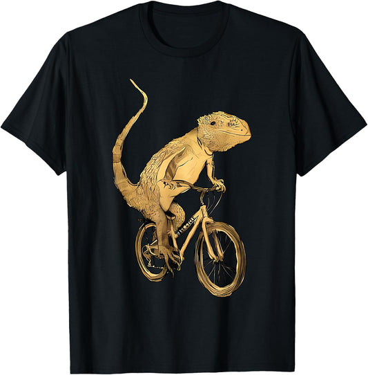 Bearded Dragon Lizard Gecko Pet Reptile On A Bicycle T-Shirt - T-Shirt | Black