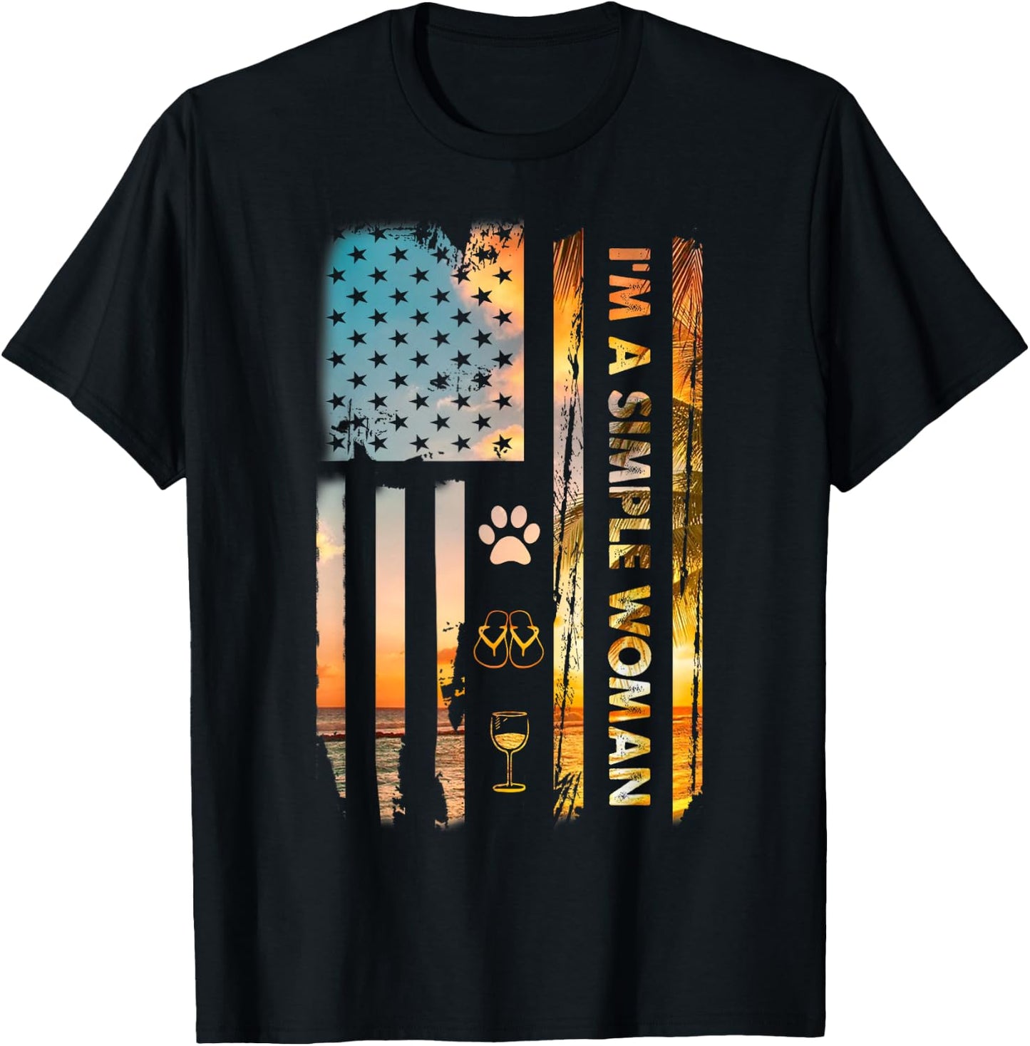 I'm A Simple Woman Camping Wine Flip Flops Love Dog USA Flag T-Shirt - T-Shirt | Black