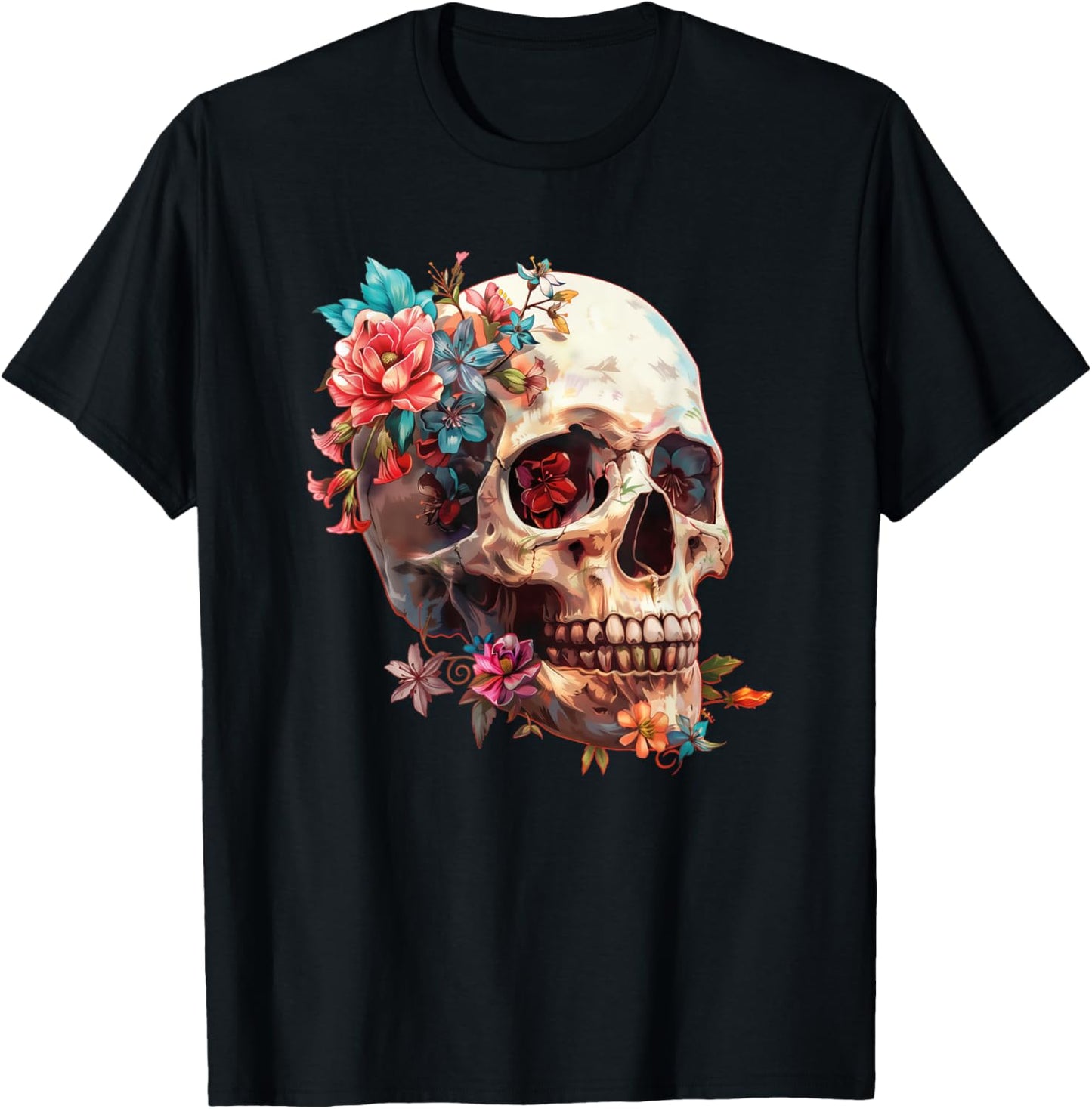 Floral Sugar Skull Rose Flowers Mycologist Gothic Goth T-Shirt - T-Shirt | Black