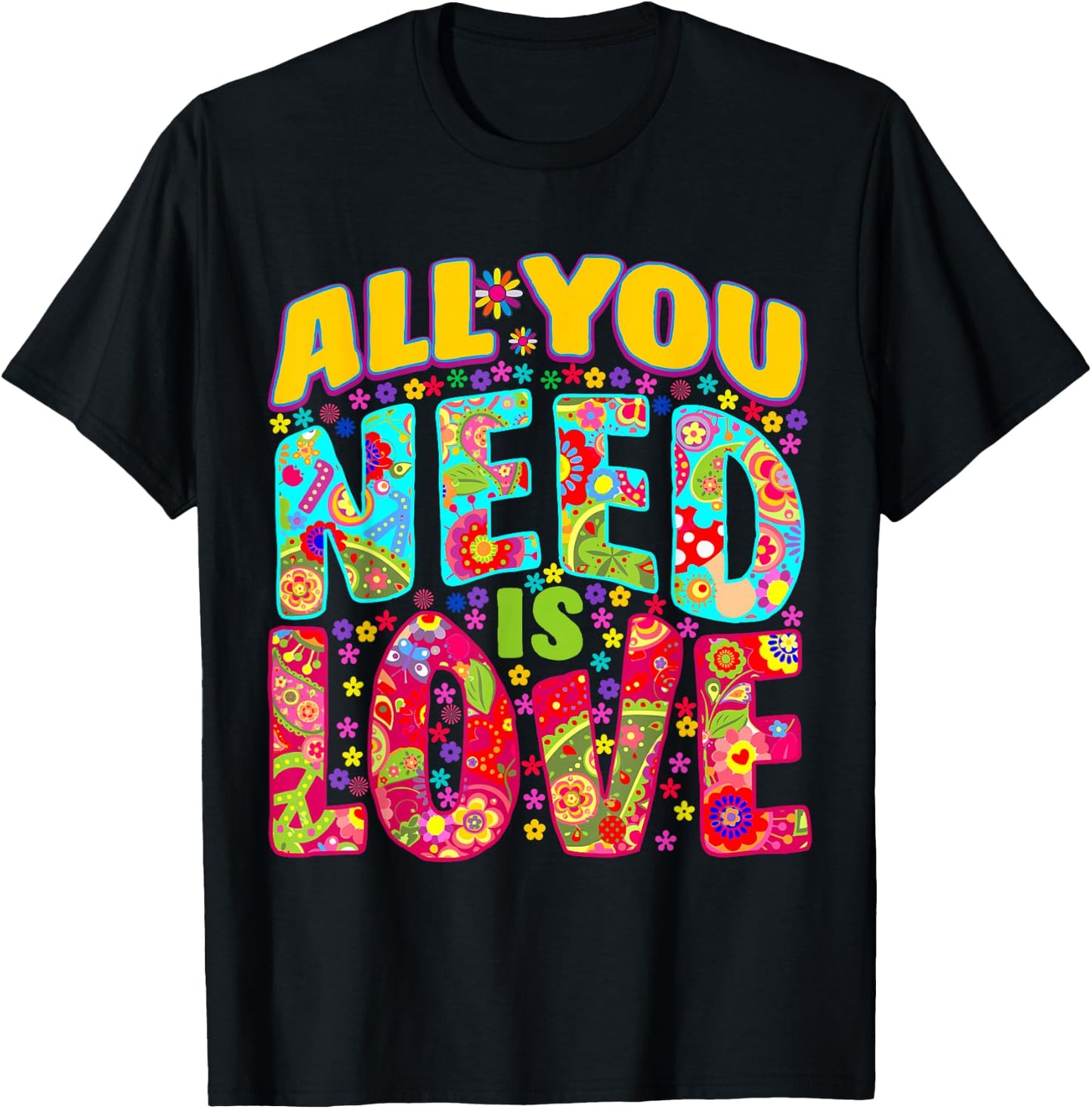 Hippie Flower Power Bohemian Peace Love Retro 60s 70s Groovy , Black, S T-Shirt - T-Shirt | Black