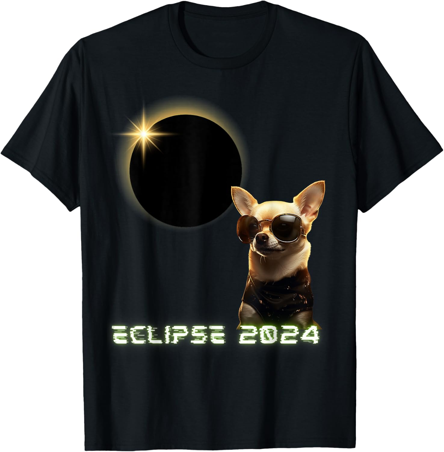Solar Eclipse 2024 Chihuahua Wearing Glasses T-Shirt - T-Shirt | Black