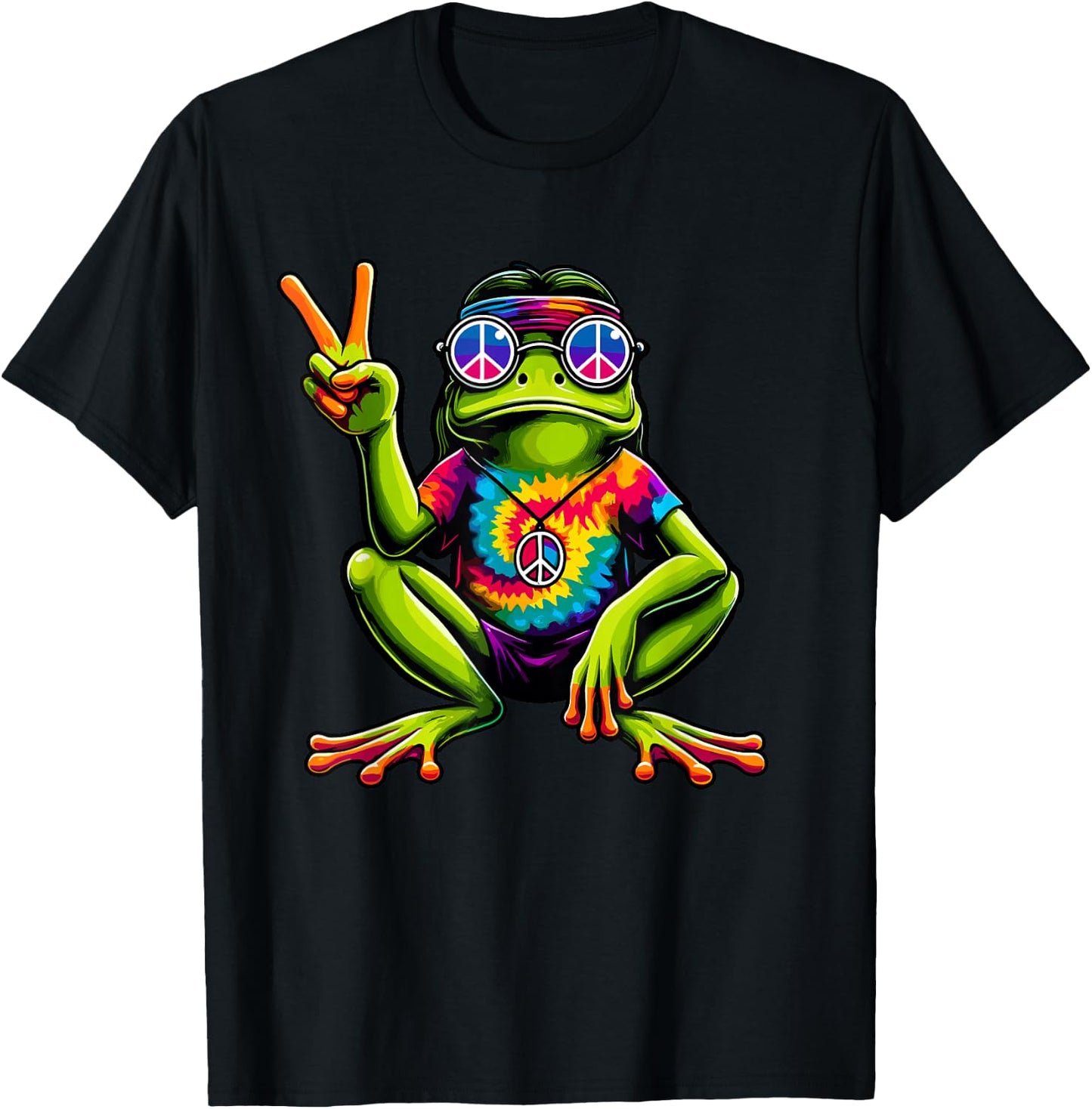 Tie-Dye Hippie Frog, Peace Sign, 60s Party & 70s Costume T-Shirt - T-Shirt | Black