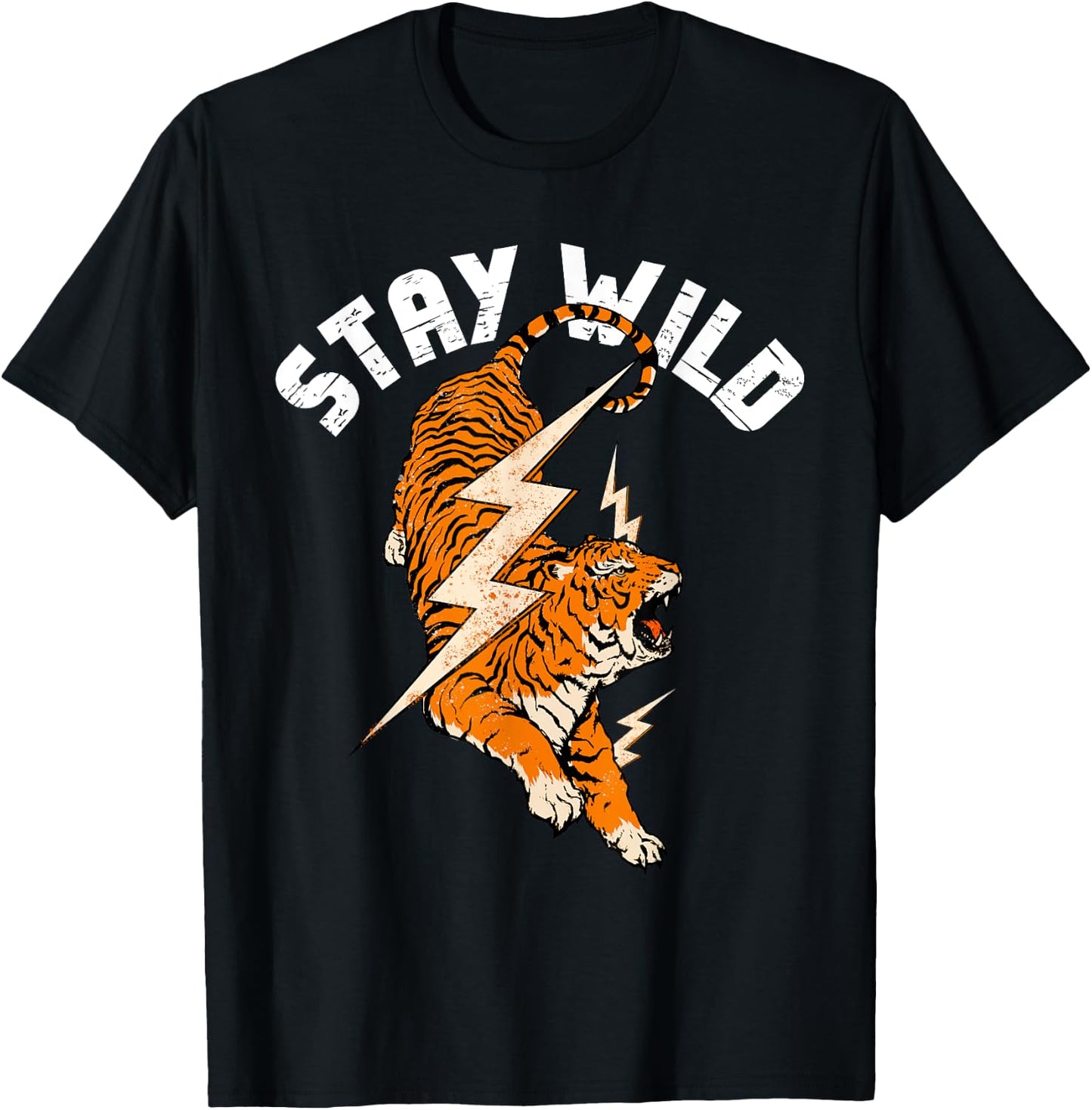 Stay Wild Tiger Cool Tiger & Lightning Bolt Retro Distressed T-Shirt - T-Shirt | Black