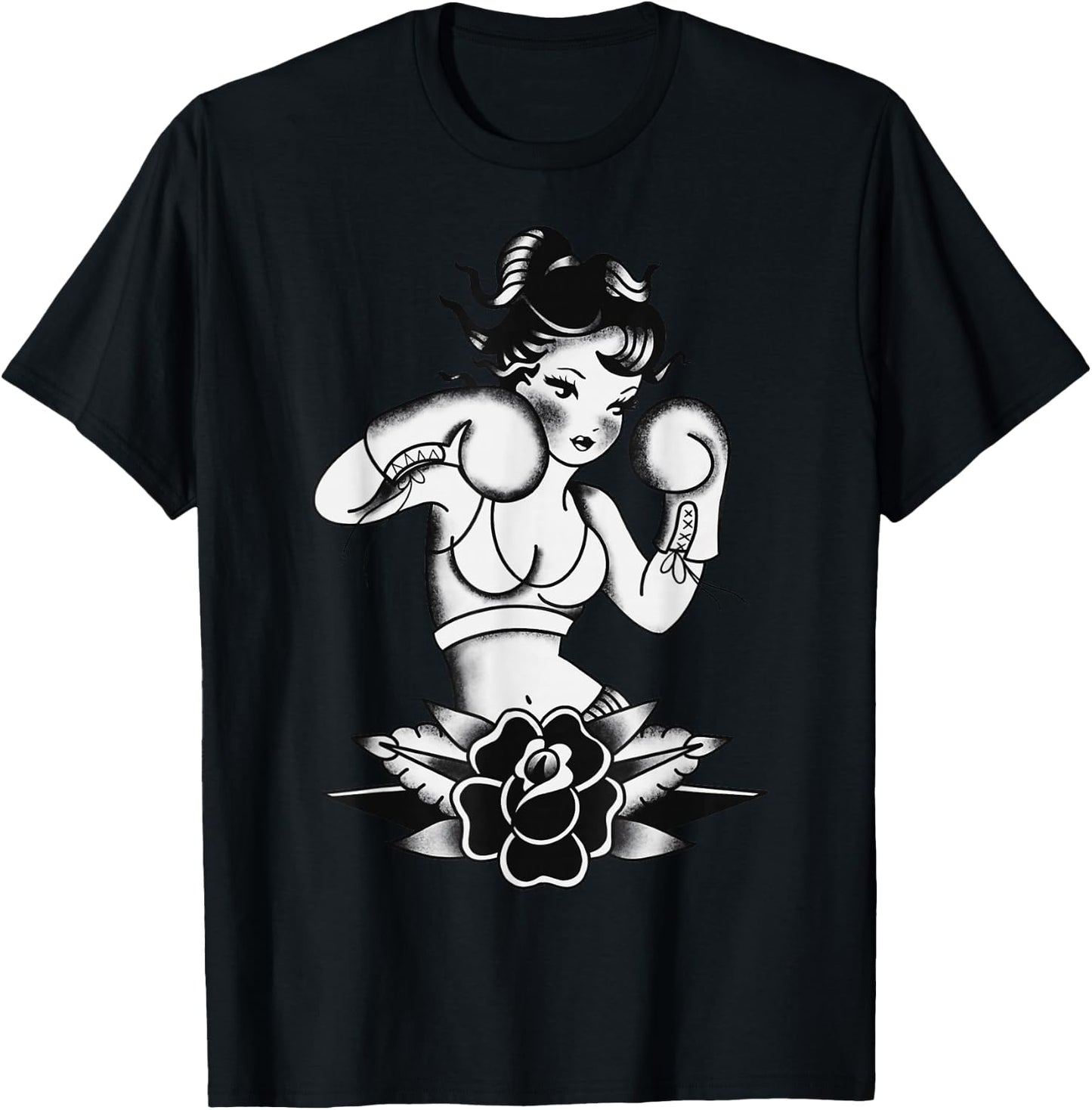 Traditional Boxer Girl Pin-Up Pretty Girl Blackwork T-Shirt - T-Shirt | Black