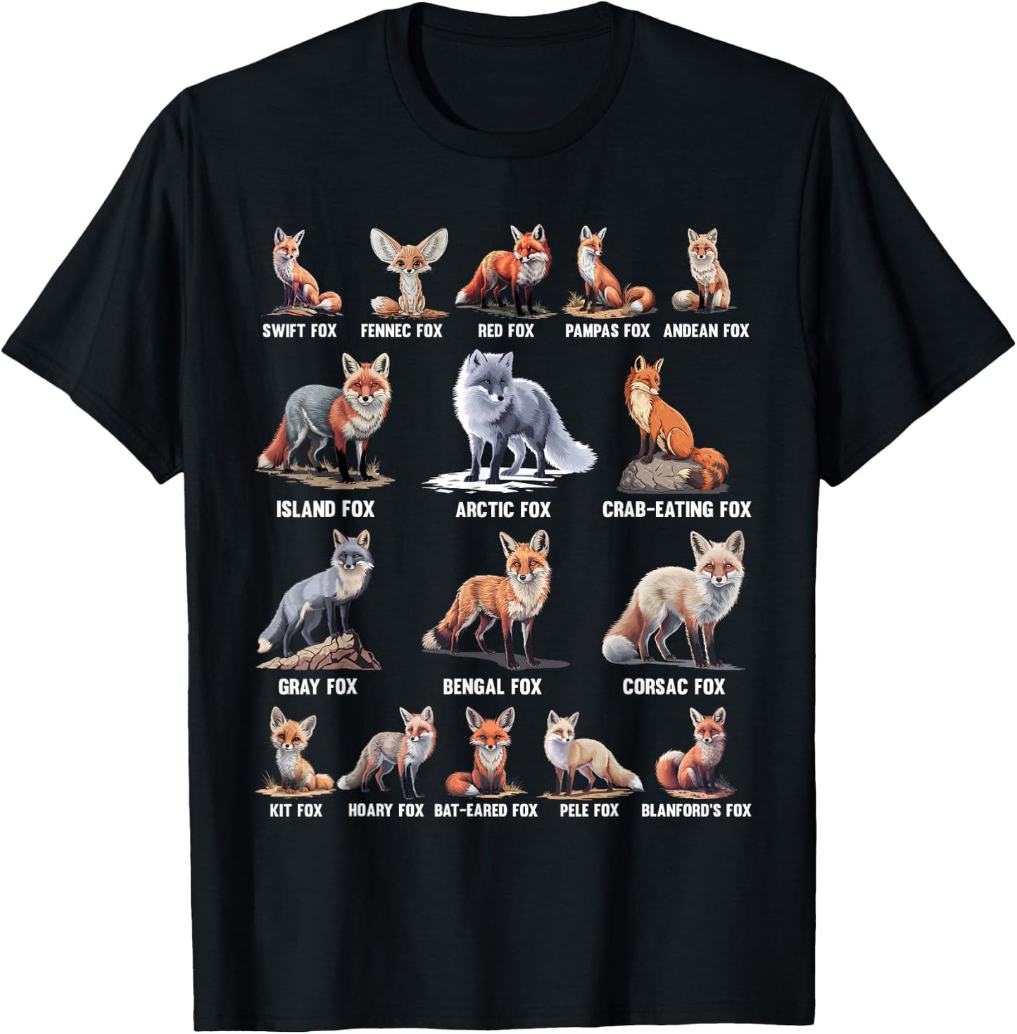 Foxes Of The World Funny Fox Animals Educational T-Shirt - T-Shirt | Black